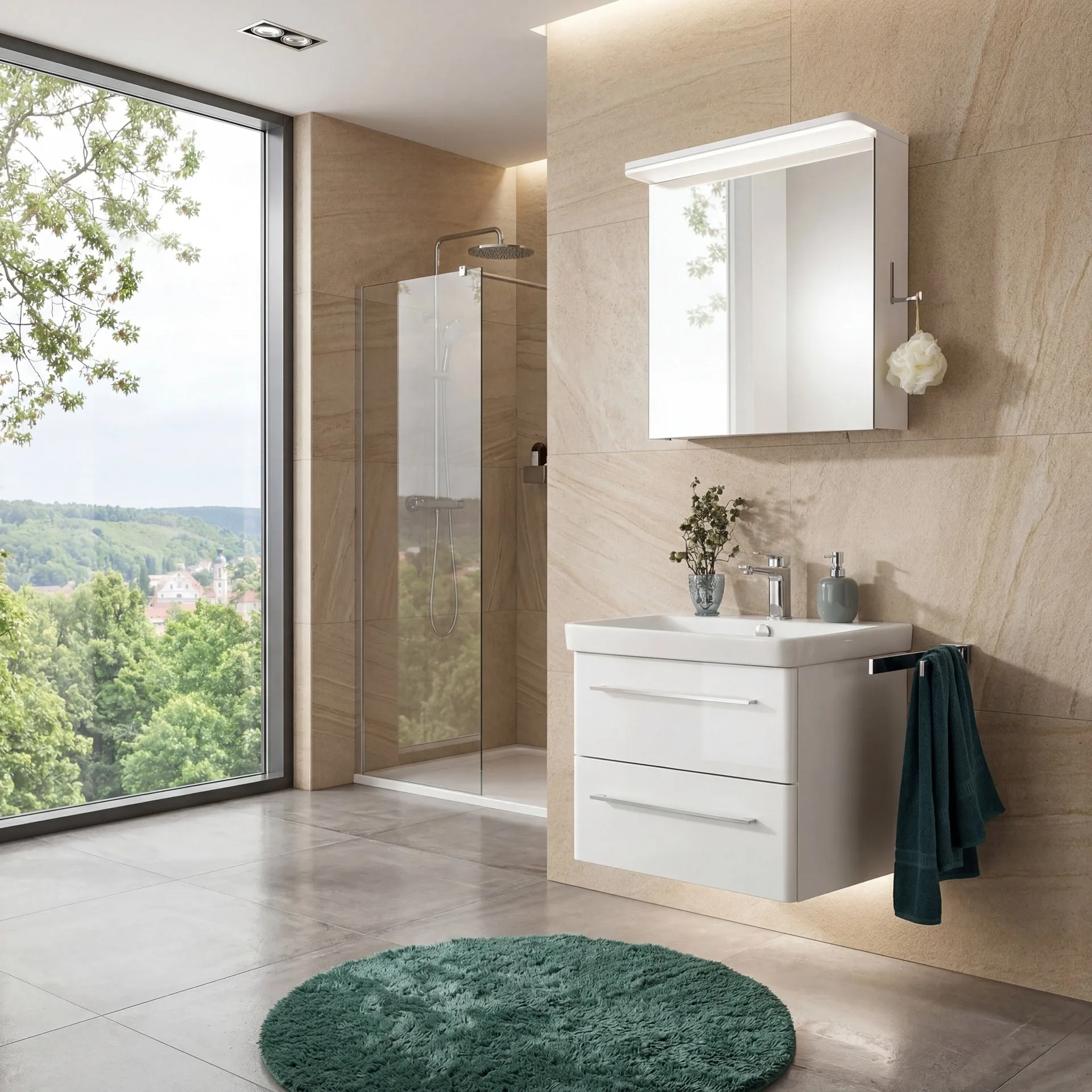 LANZET K8 Waschtisch Set mit Spiegelschrank 60 cm breit, Weiß, Waschbecken Keramik Weiß