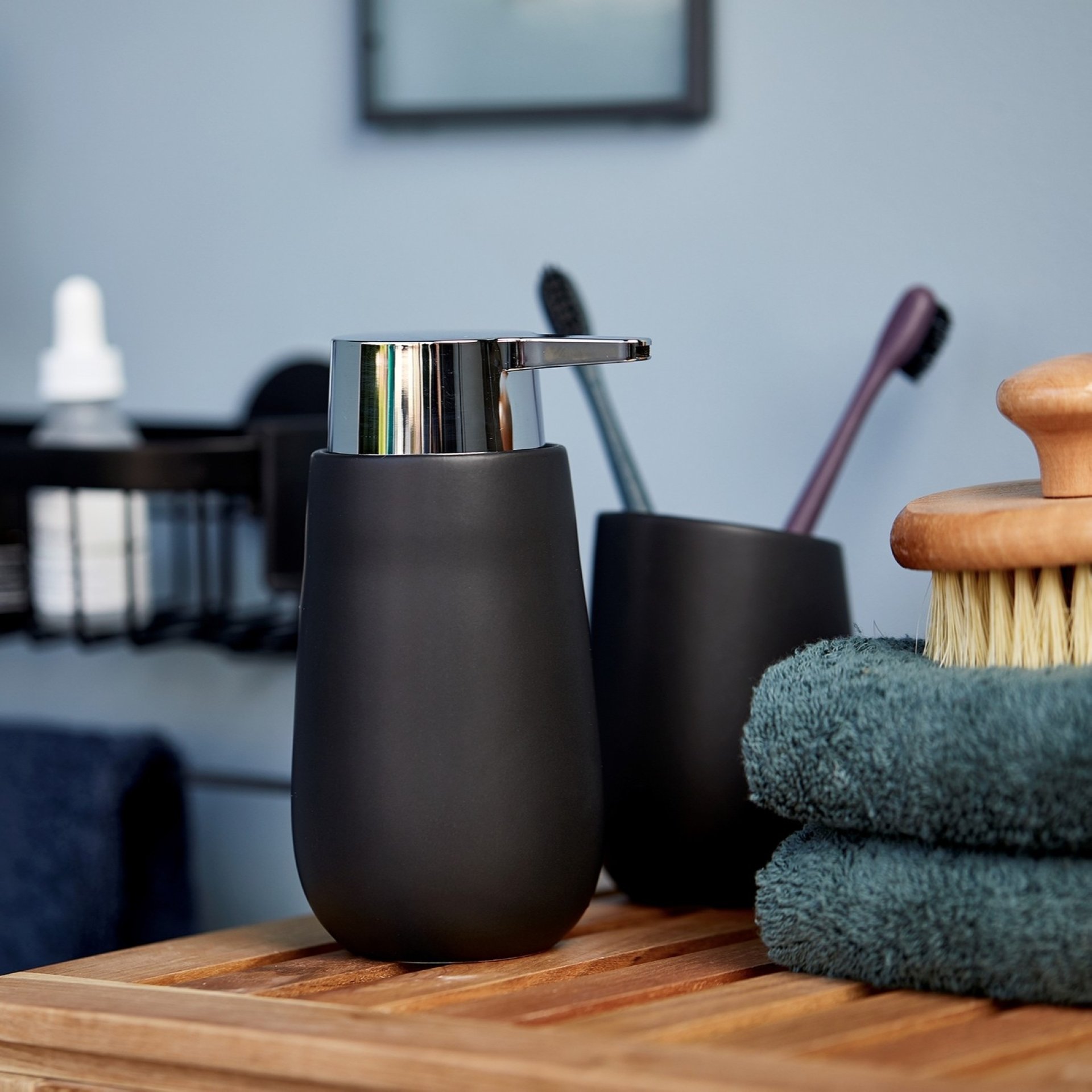 WENKO BADI Accessoire Set, Schwarz, Zahnputzbecher, Seifenspender, Keramik