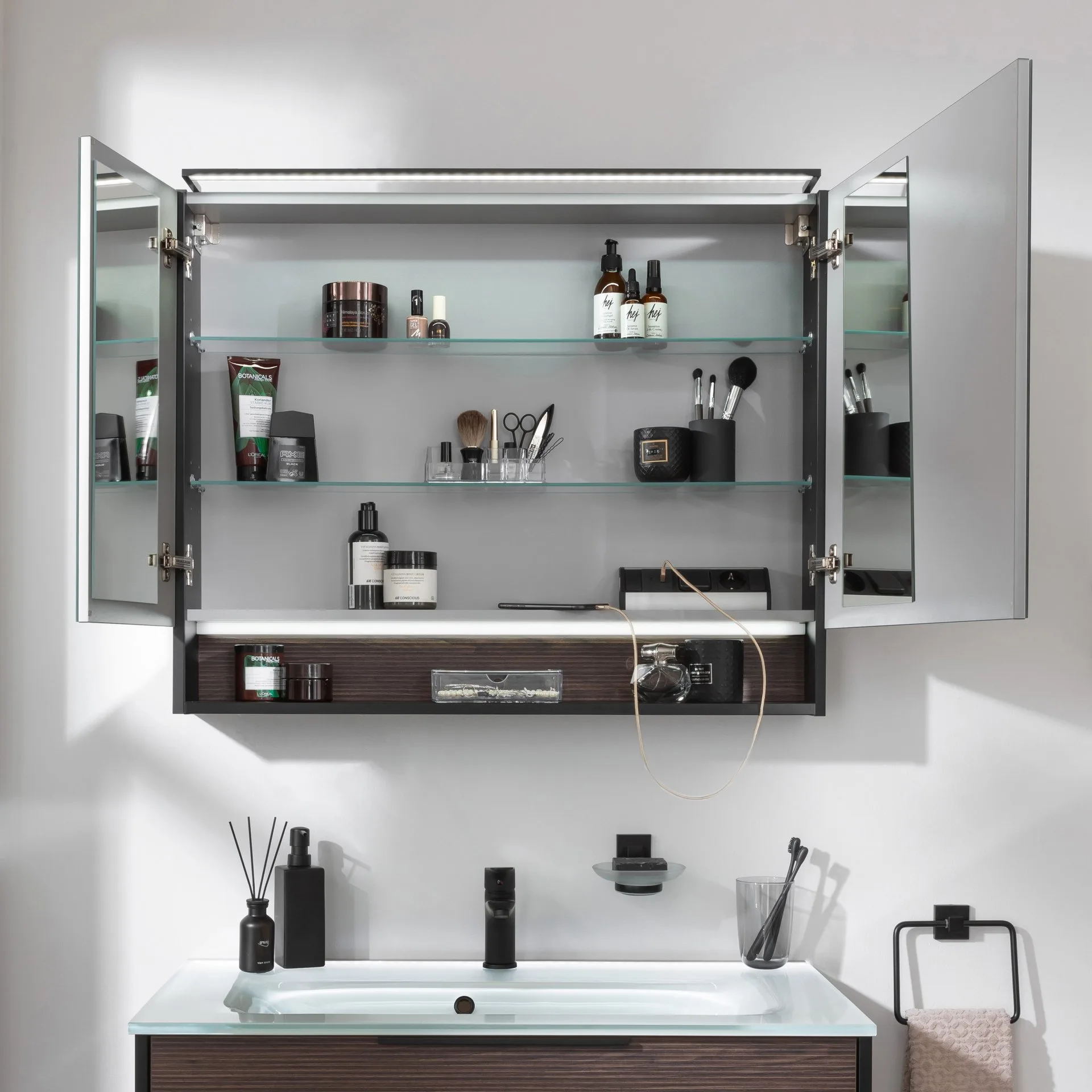 FACKELMANN B.PARIS LED Spiegelschrank 90 cm breit, Braun Dunkel/Schwarz