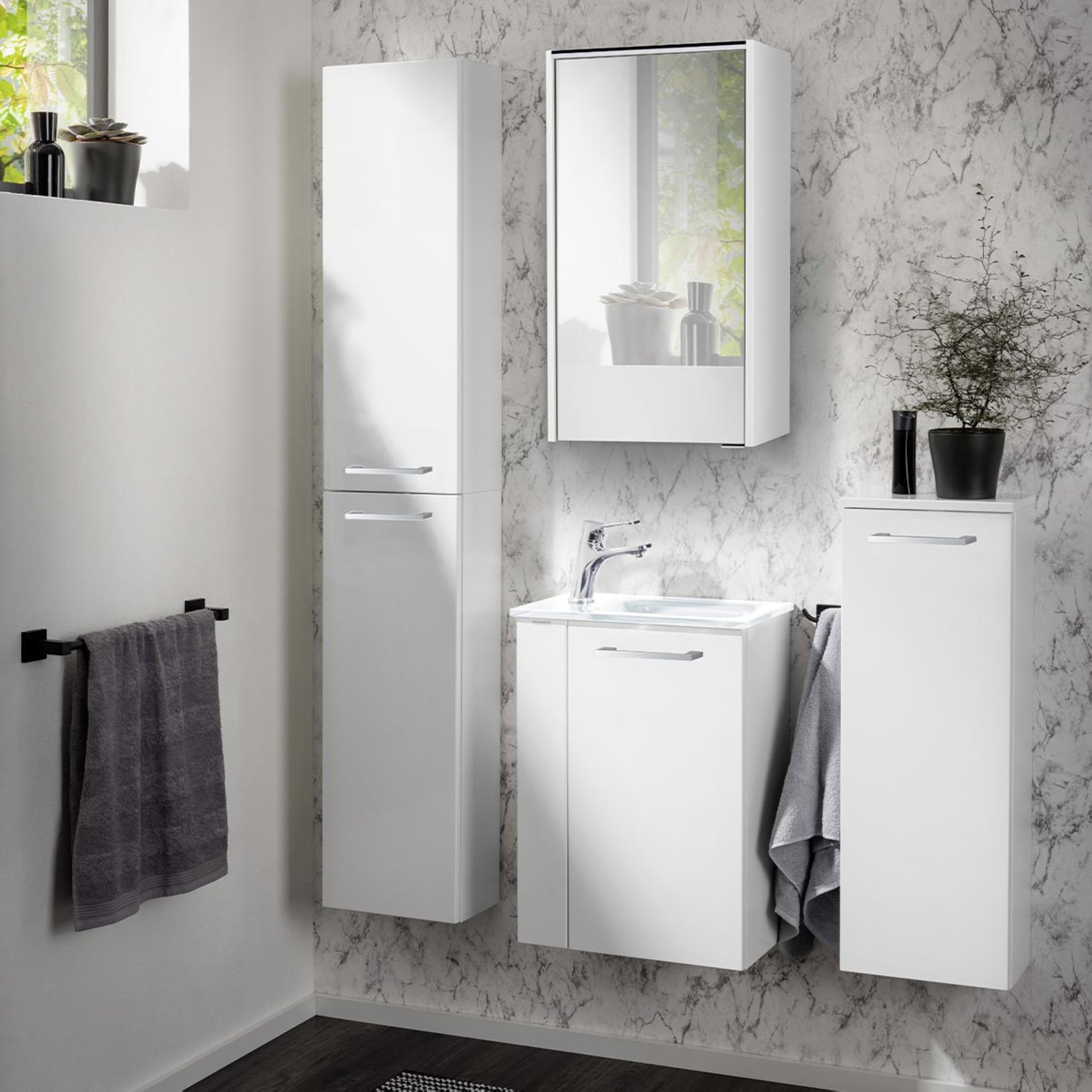 FACKELMANN SBC SCENO Gäste WC Waschtisch Set 45 cm breit, Weiß, Waschbecken Glas Weiß, Türanschlag rechts