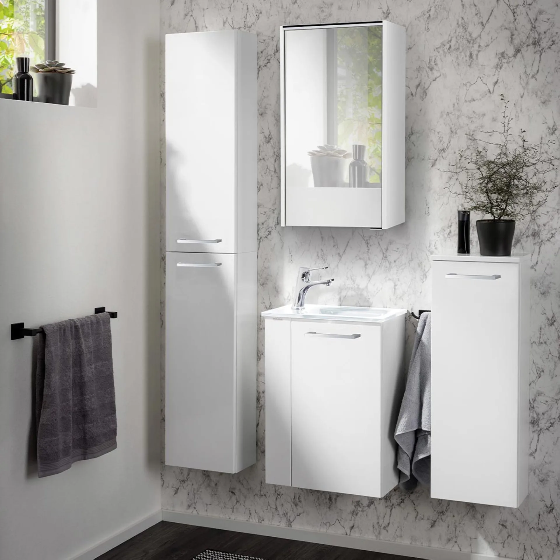FACKELMANN SBC SCENO Gäste WC Waschtisch Set 45 cm breit, Weiß, Waschbecken Glas Weiß, Türanschlag rechts