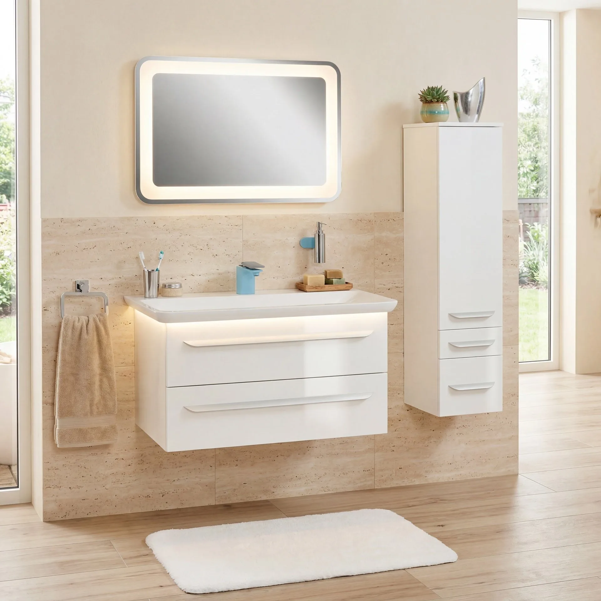 LANZET M9 Badmöbel Set 5-teilig 100 cm breit, Weiß, Waschbecken Gussmarmor Weiß + LED Spiegel + Midischrank Türanschlag rechts + Waschbeckenbeleuchtung