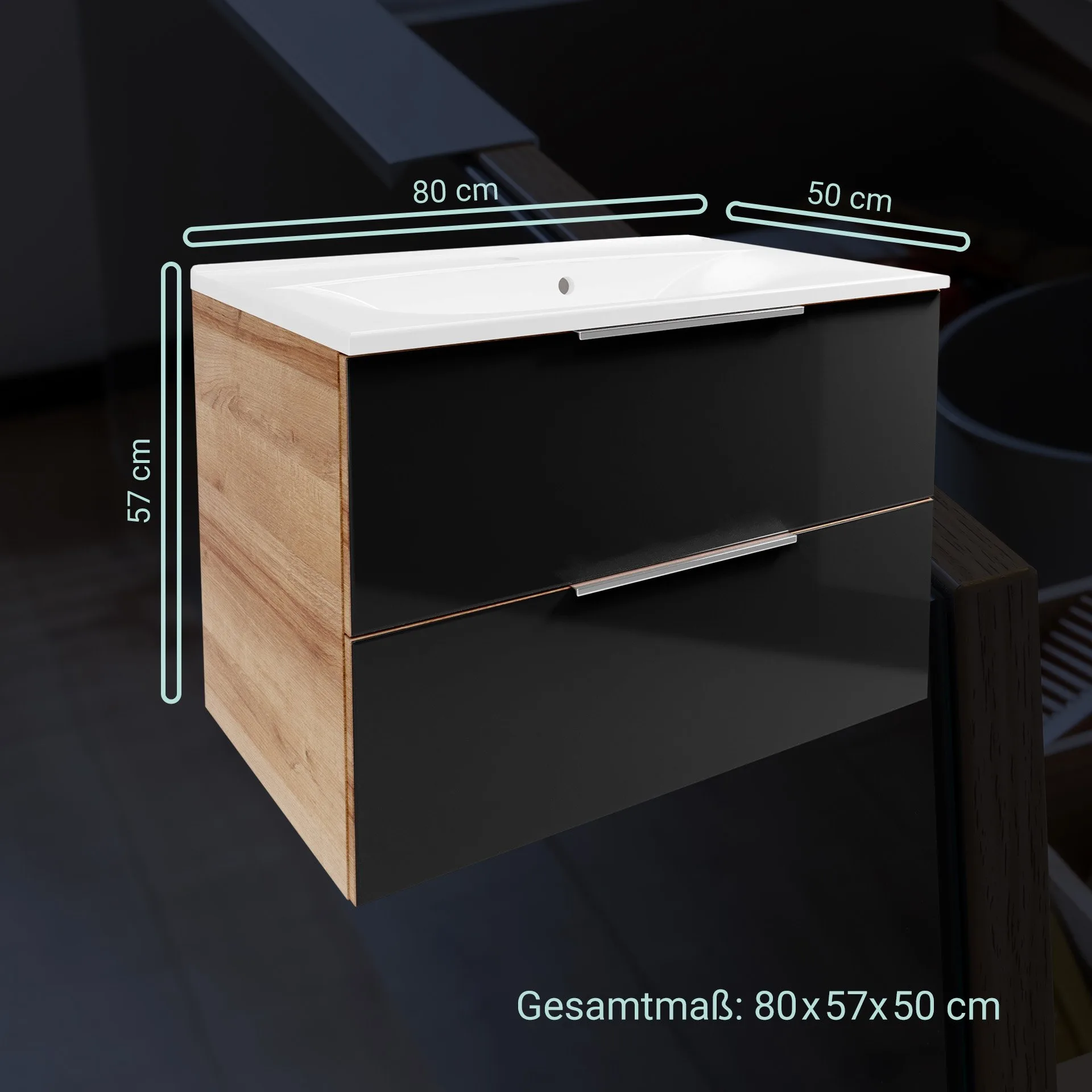 FACKELMANN B.BRILLANT Waschbecken mit Unterschrank 80 cm breit, Anthrazit Glas/Braun hell, Waschbecken Gussmarmor Weiß