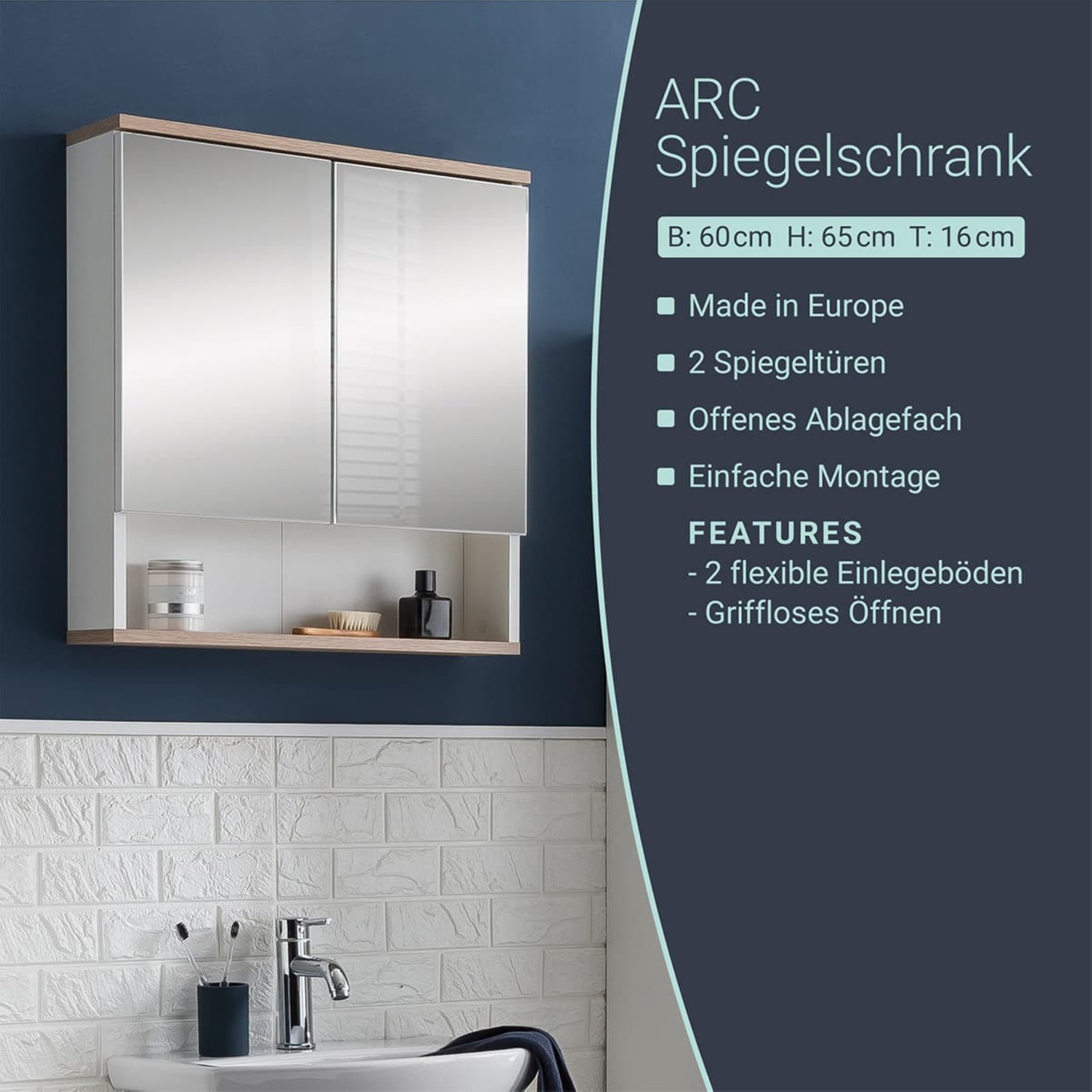 BadeDU ARC Spiegelschrank 60cm, Weiß/Braun hell