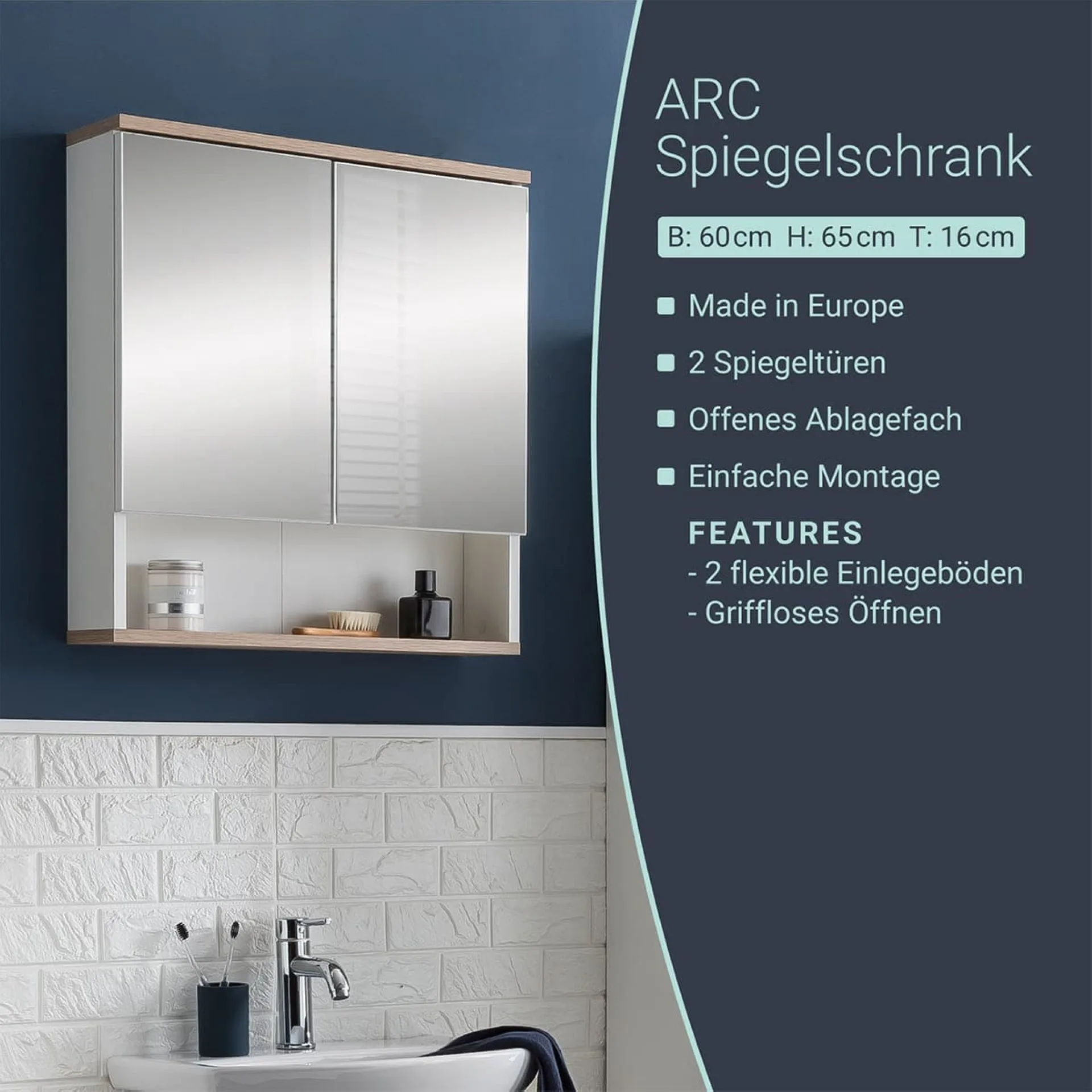 BADEDU ARC Spiegelschrank 60 cm breit, Weiß/Braun hell