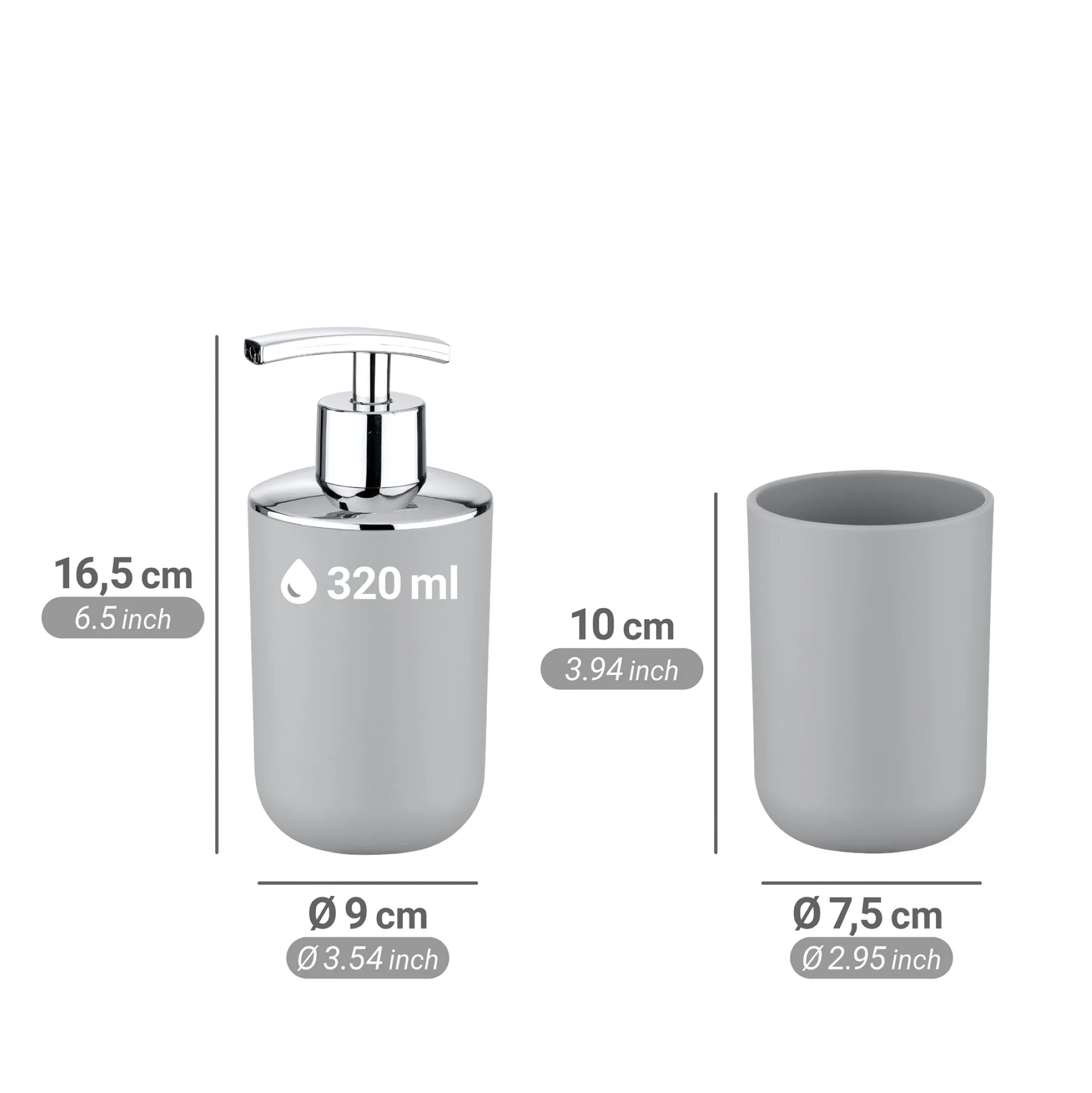 WENKO BRASIL Accessoire Set, Grau, Zahnputzbecher, Seifenspender, WC-Garnitur, Kosmetikeimer