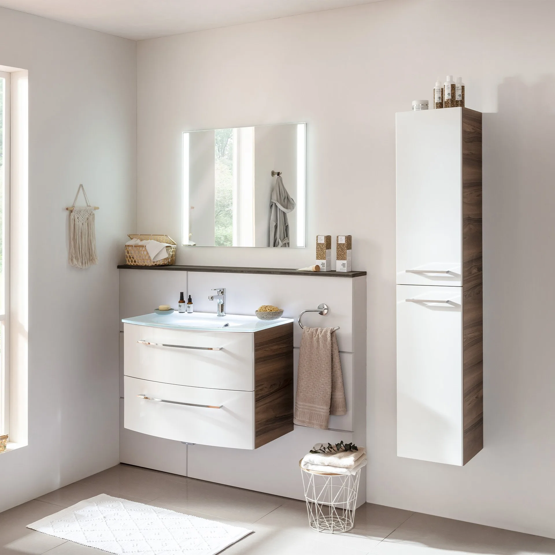 FACKELMANN VERONA Waschbecken mit Unterschrank 80 cm breit, Weiß/Braun Dunkel, Waschbecken Glas Weiß