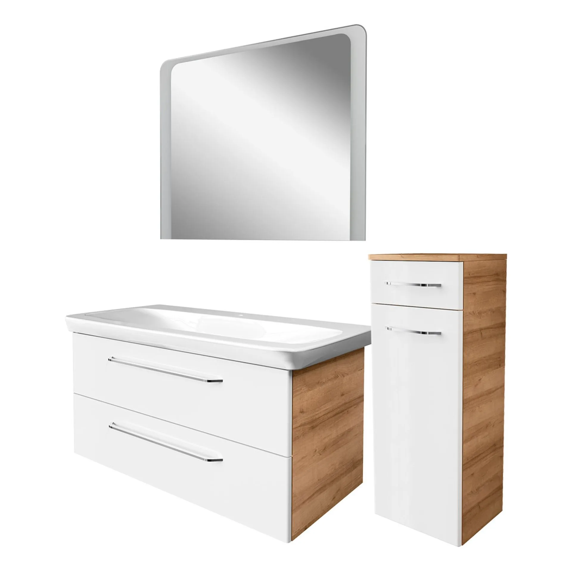 FACKELMANN MILANO Badmöbel Set 4-teilig 107 cm breit, Weiß/Braun hell, Waschbecken Keramik Weiß + LED Spiegel + Midischrank