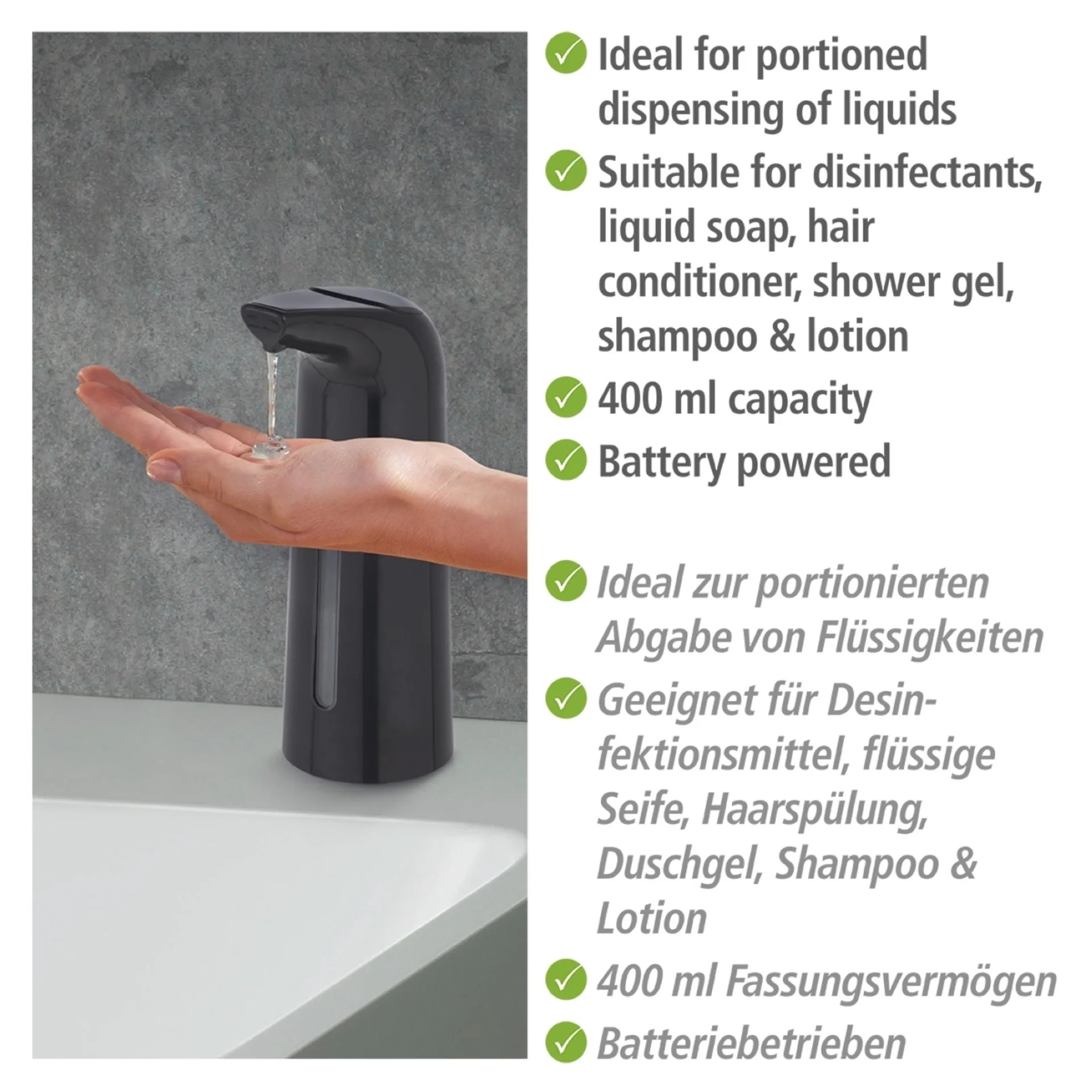 WENKO LARINO Seifenspender 400 ml, Schwarz, Desinfektionsmittelspender, mit Infrarot