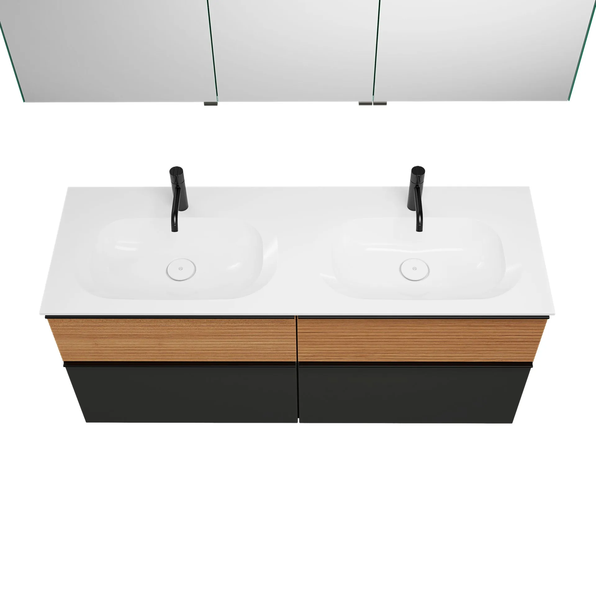 Burgbad FIUMO Waschtisch Set mit Spiegelschrank 142 cm breit, Braun/Anthrazit, Doppelwaschbecken Gussmarmor Weiß, 4 Schubladen, Anschlag links