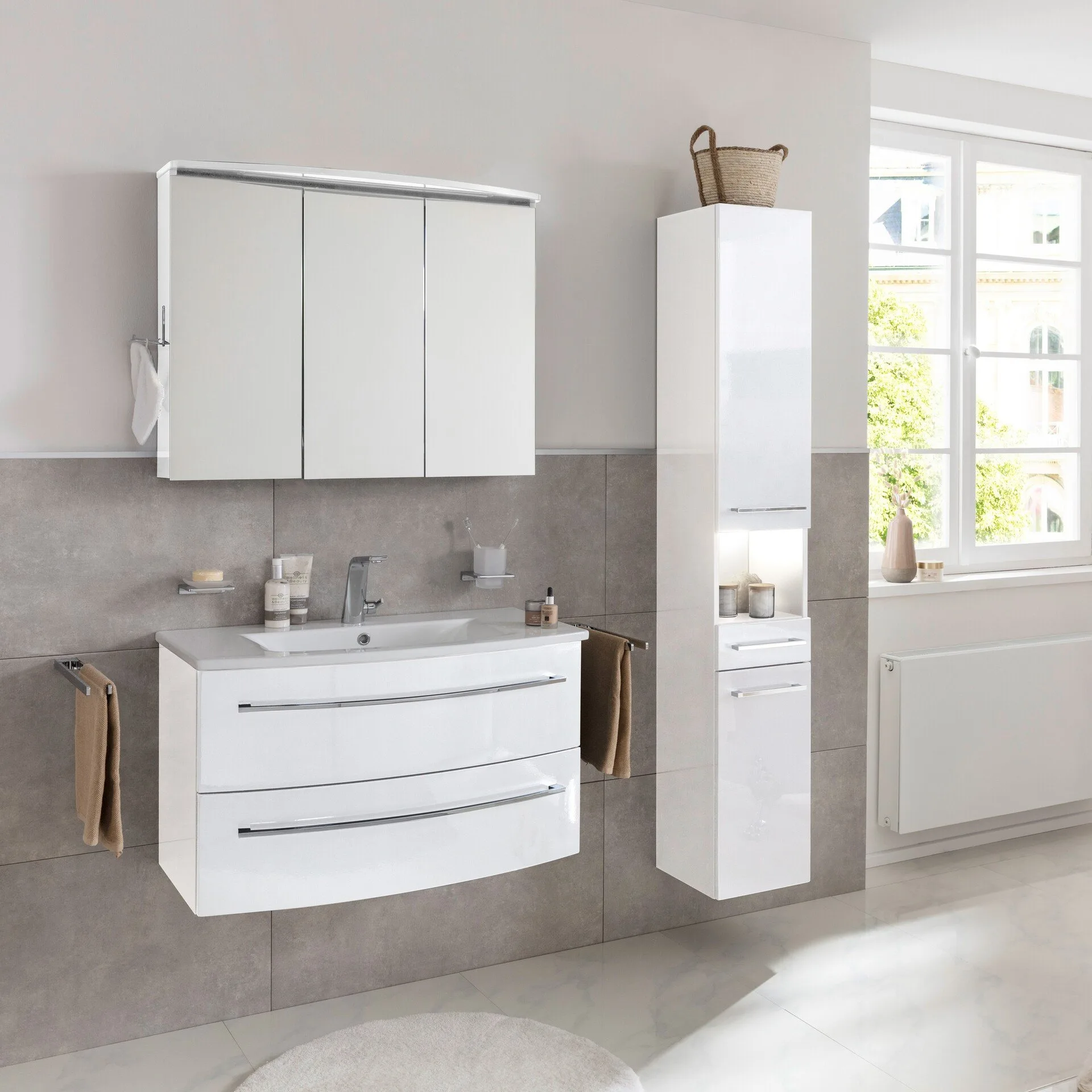 LANZET IMPULSO Waschbecken mit Unterschrank 90 cm breit, Weiß, Waschbecken Keramik Weiß