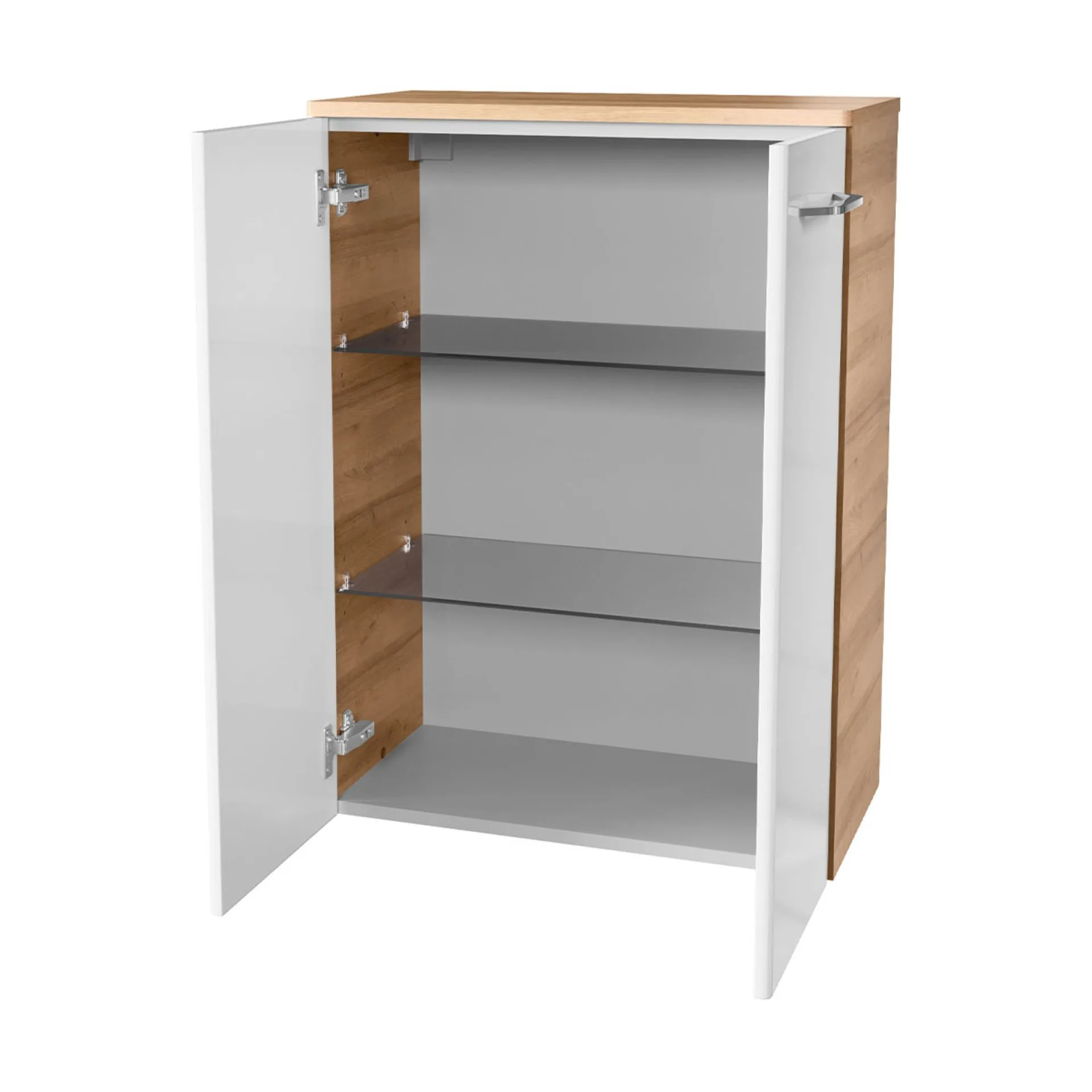 FACKELMANN MILANO Badmöbel Set 4-teilig 107 cm breit, Weiß/Braun hell, Waschbecken Keramik Weiß + LED Spiegelschrank + Doppel Midischrank