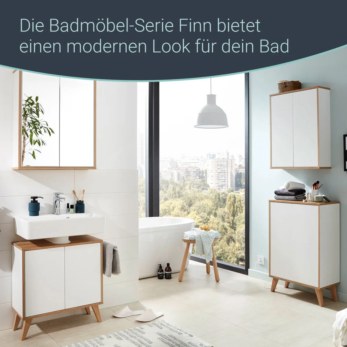 FACKELMANN FINN Waschbecken mit Unterschrank 60 cm breit, Weiß/Braun hell, Waschbecken Keramik Weiß + Holzfüße