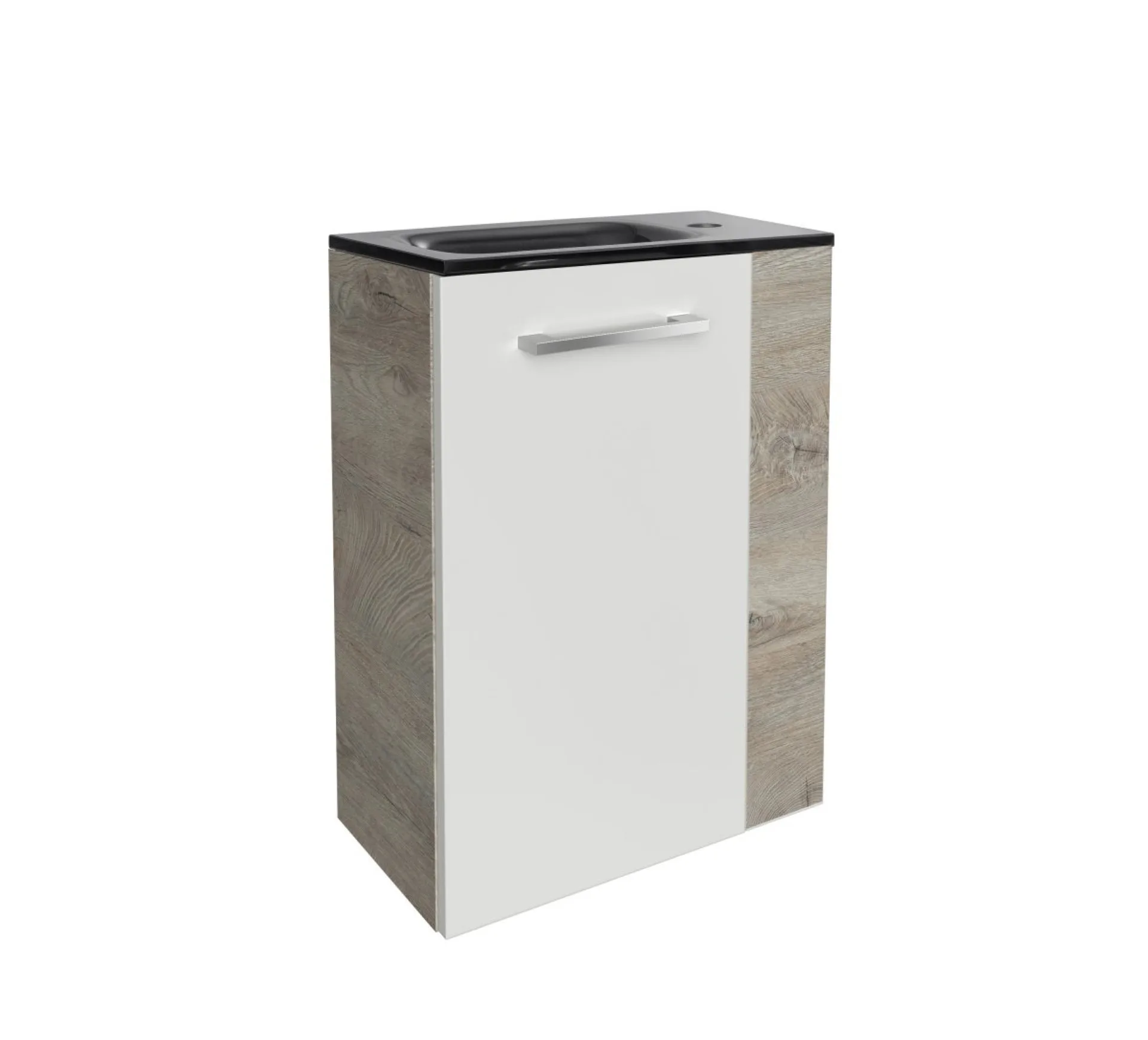 FACKELMANN SBC STANFORD Gäste WC Waschtisch Set 45 cm breit, Weiß/Braun hell, Waschbecken Glas Anthrazit, Türanschlag links