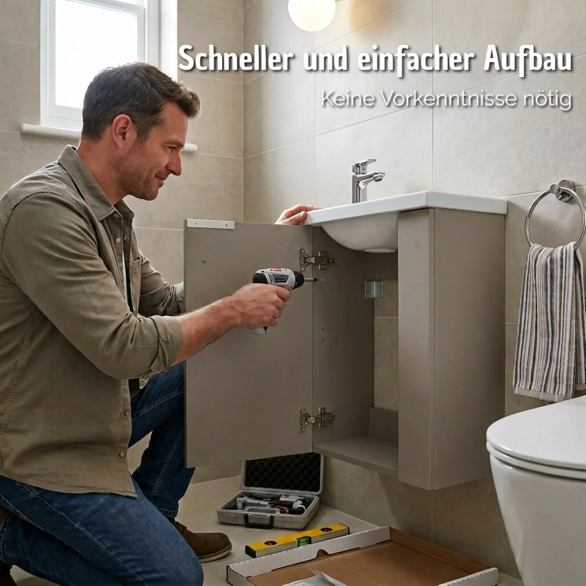 BADEDU UMEA Gäste WC Waschtisch Set 50 cm breit, Grau, Waschbecken Gussmarmor Weiß