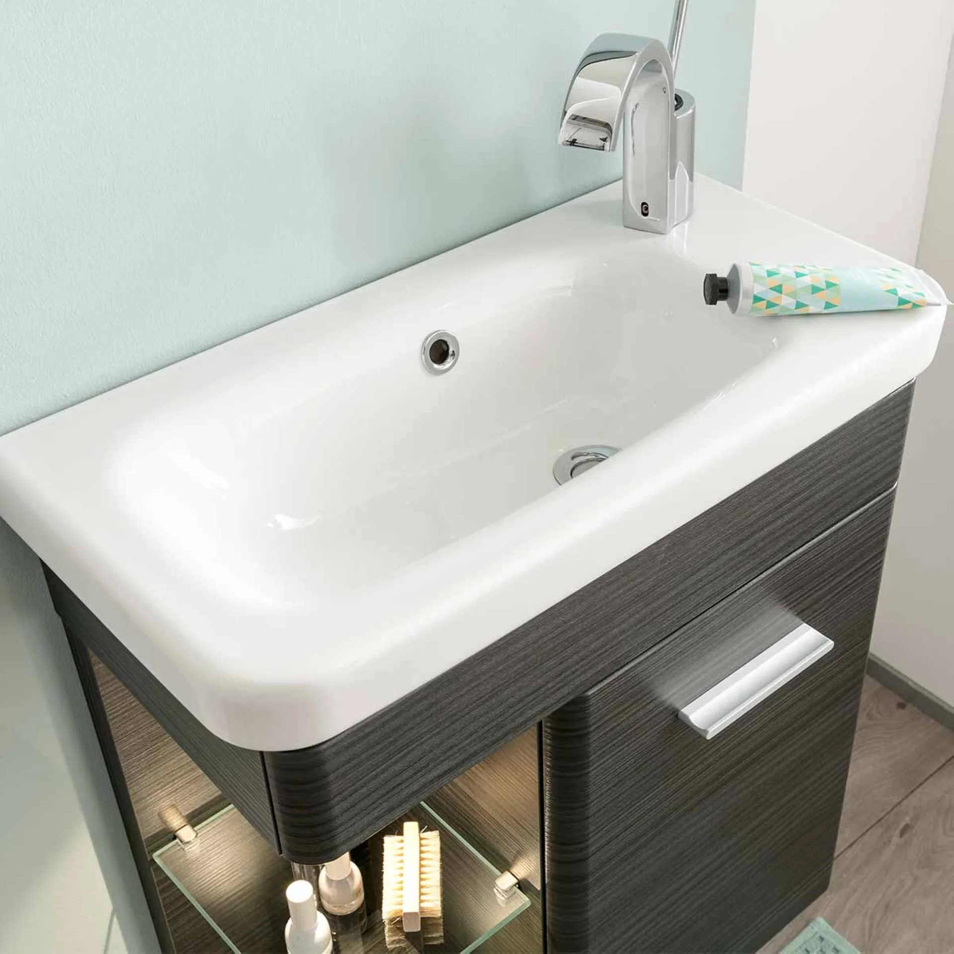 LANZET K8 Gäste WC Waschtisch Set 60 cm breit, Anthrazit Holzoptik, Waschbecken Keramik Weiß, Türanschlag rechts