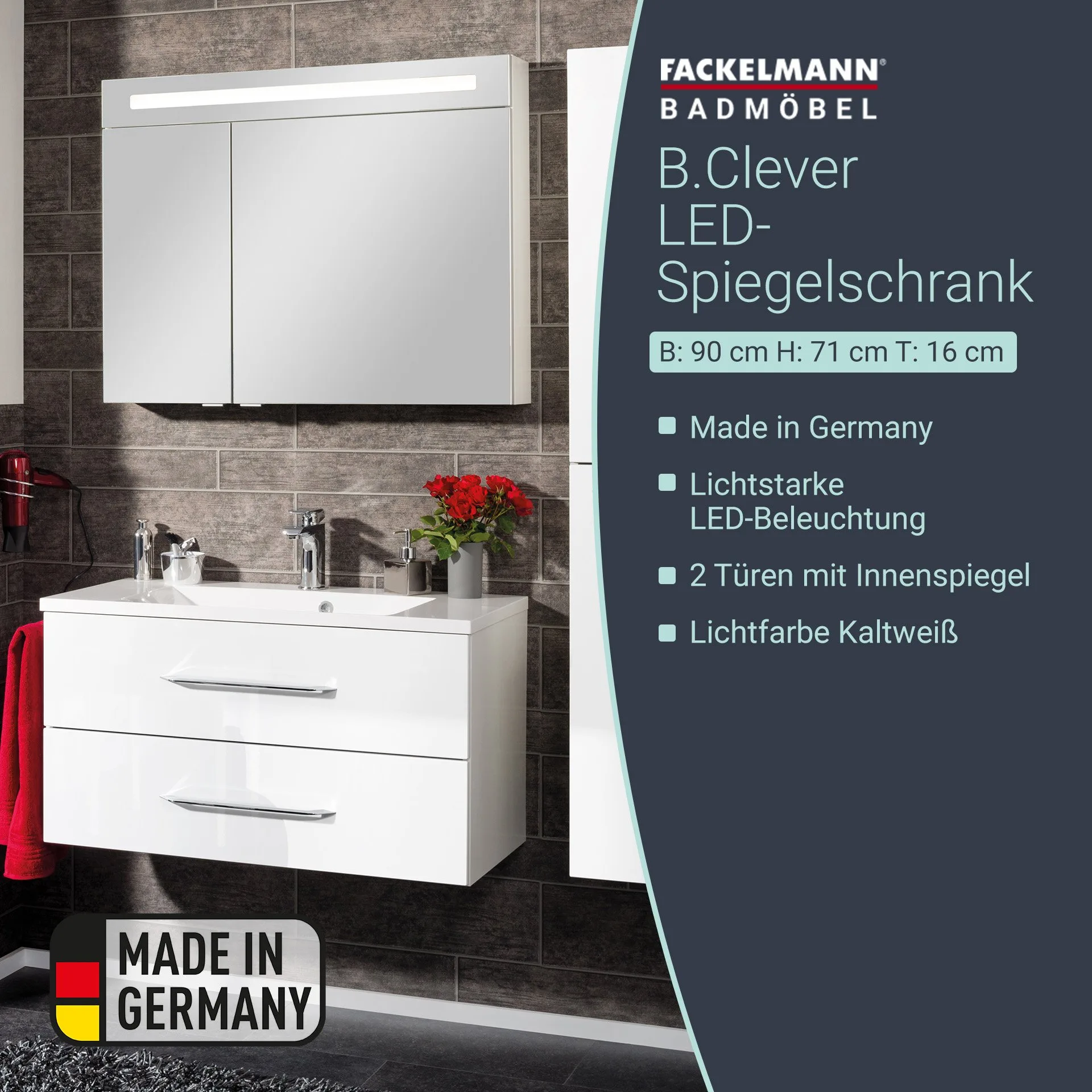 FACKELMANN B.CLEVER LED Spiegelschrank 90 cm breit, Weiß