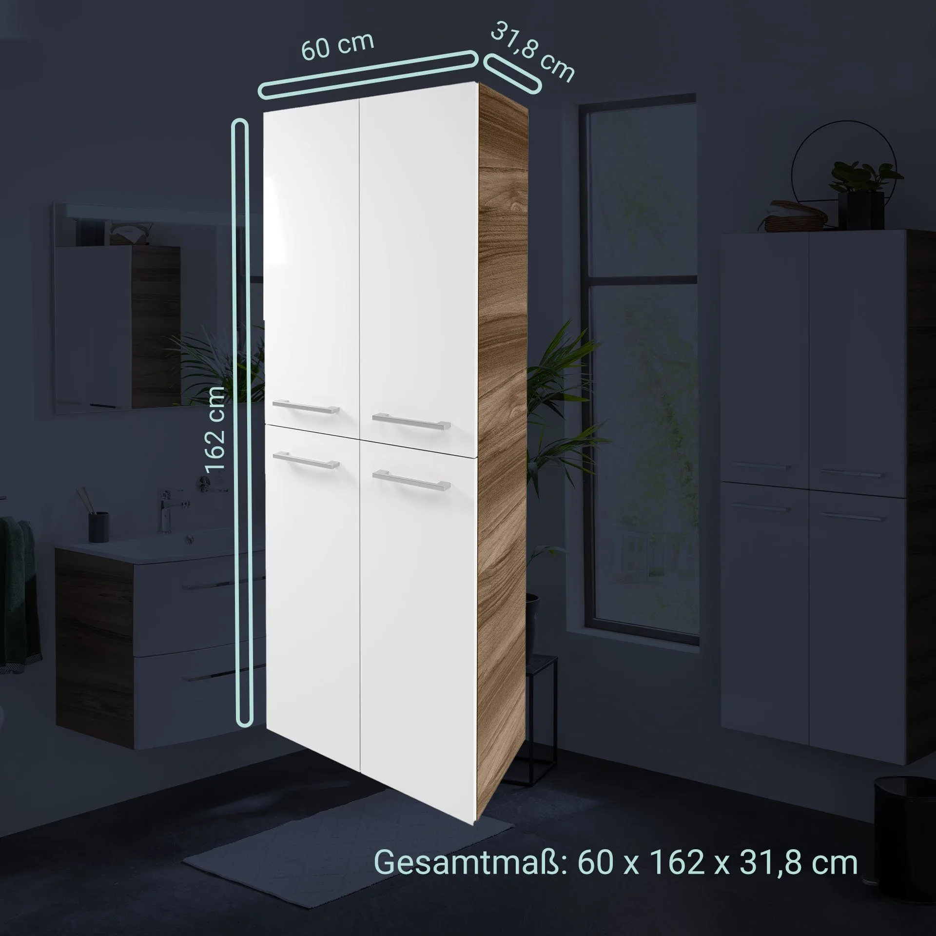 FACKELMANN VERONA Doppel Hochschrank 60 cm breit, Weiß Hochglanz/Braun Dunkel