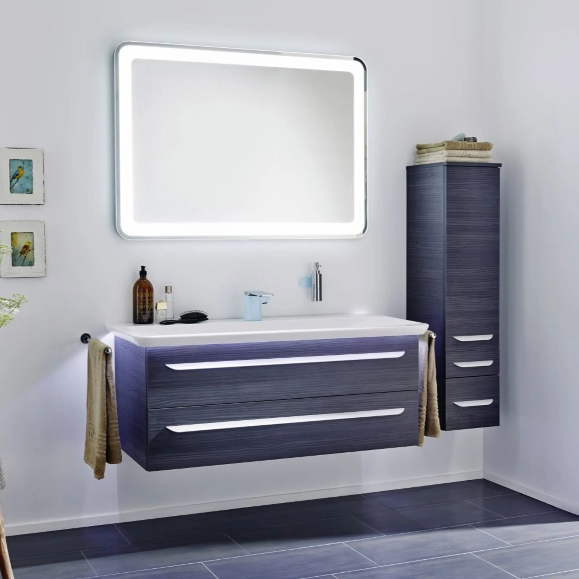 LANZET M9 Waschbecken mit Unterschrank 130 cm breit, Anthrazit Holzoptik, Waschbecken Gussmarmor Weiß + Waschbeckenbeleuchtung