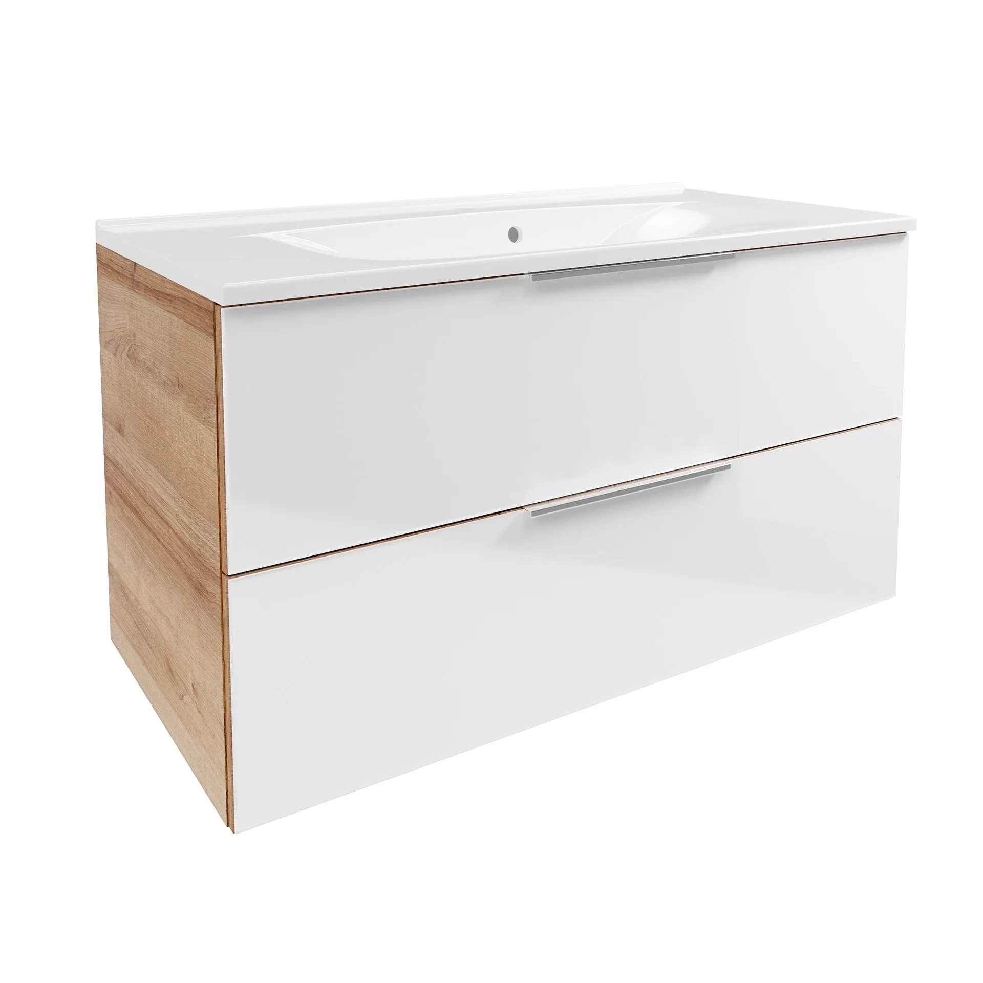 FACKELMANN B.BRILLANT Waschbecken mit Unterschrank 100 cm breit, Weiß Glas/Braun hell, Waschbecken Gussmarmor Weiß