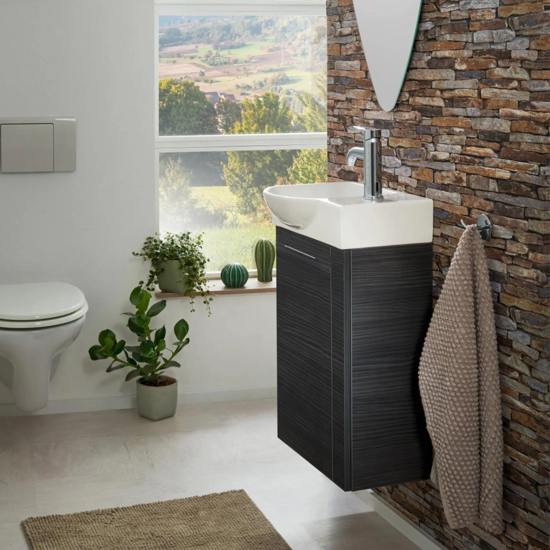 FACKELMANN SBC B.PERFEKT Waschbeckenunterschrank Gäste WC 45 cm breit, Anthrazit Holzoptik, Türanschlag links