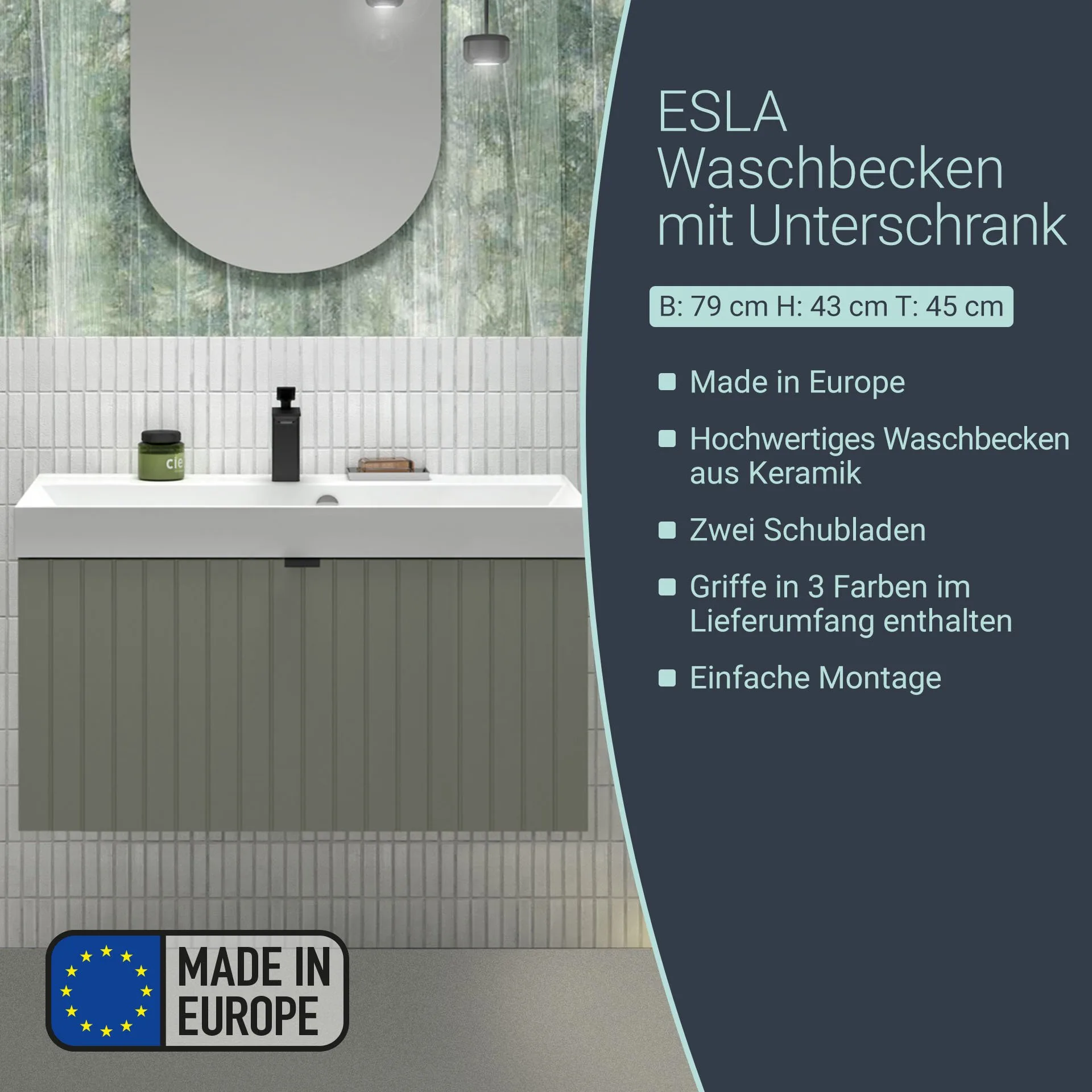 BADEDU ESLA Waschbecken mit Unterschrank 79 cm breit, Grün, Waschbecken Gussmarmor Weiß