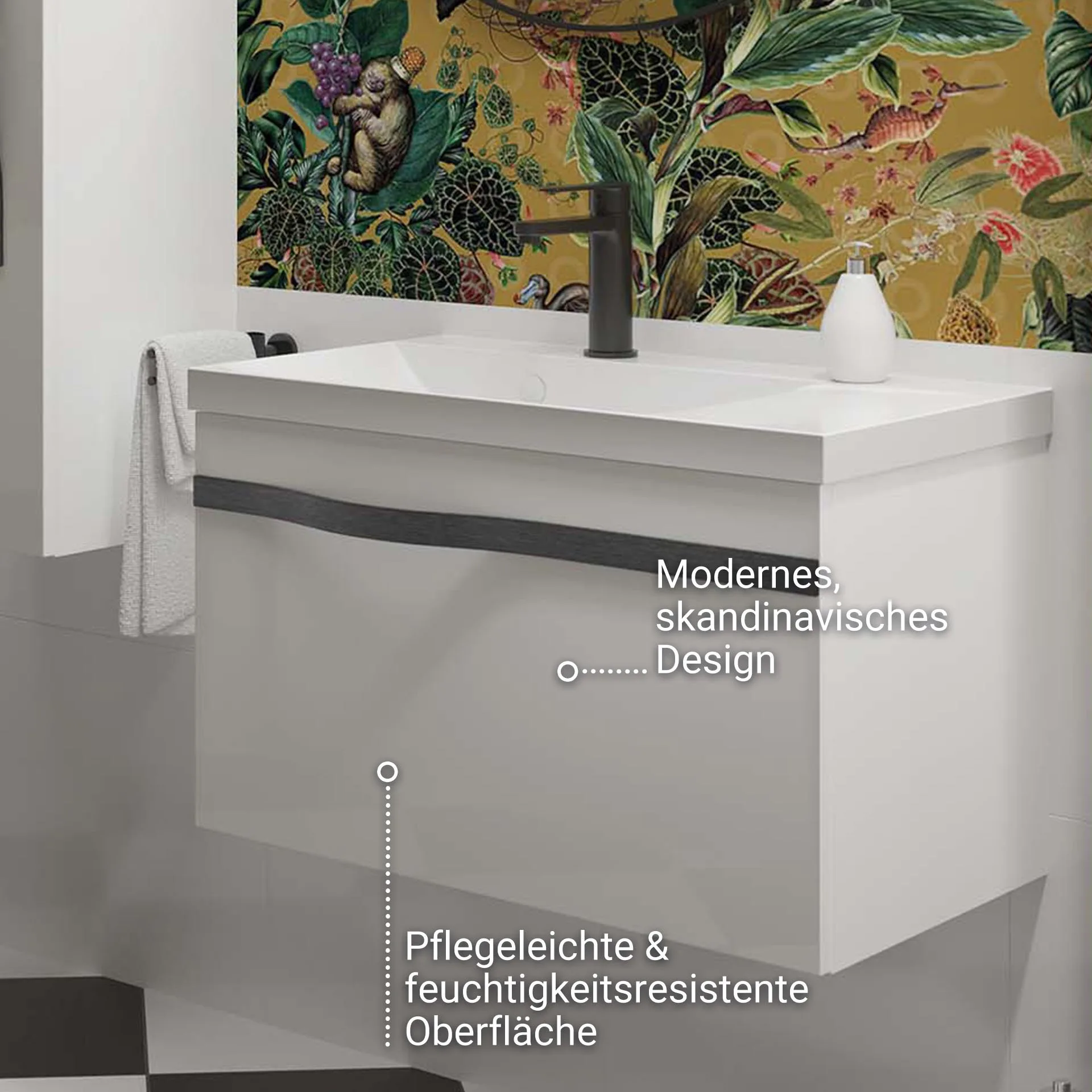 BADEDU FILS Waschbecken mit Unterschrank 69 cm breit, Weiß, Waschbecken Gussmarmor Weiß, Griff Schwarz