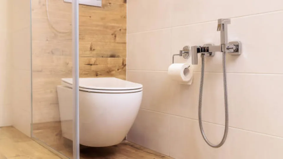 Toilette mit Hygienedusche neben dem WC
