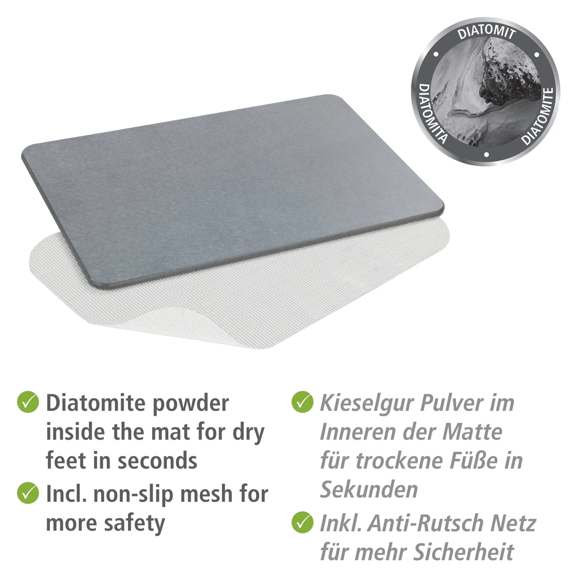 WENKO SIMI Badematte 60 x 39 cm, Grau, aus natürlichem Diatomit