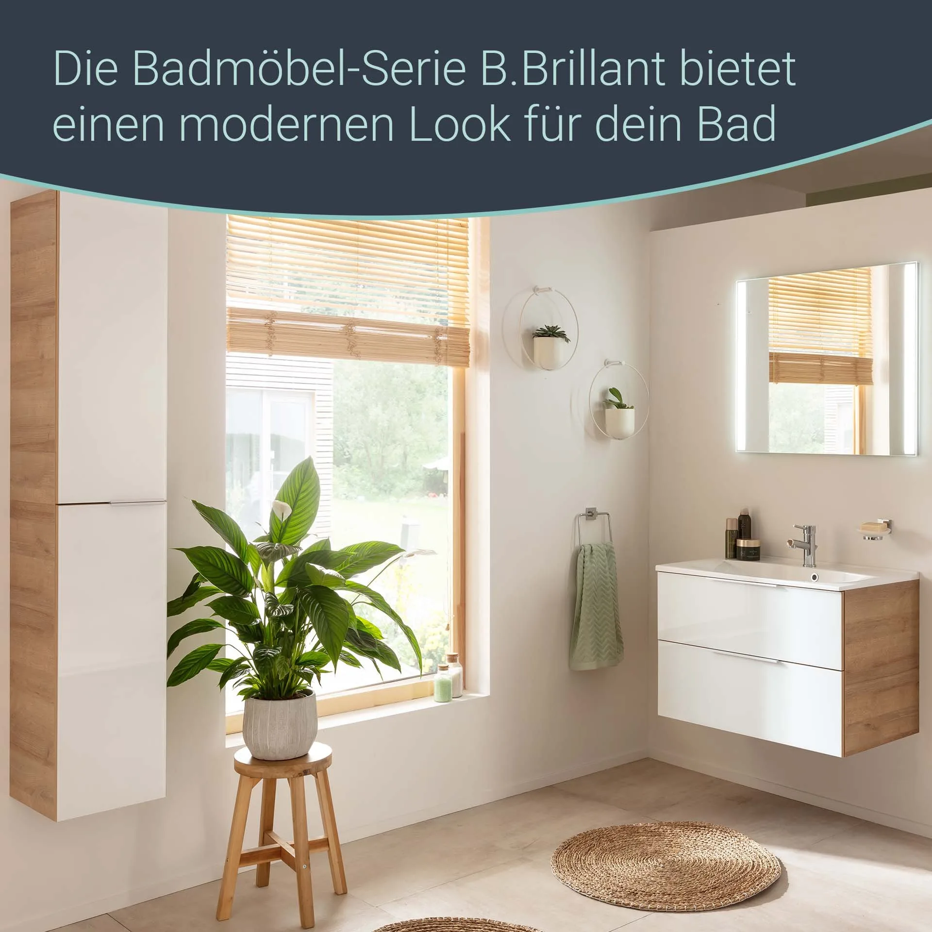 FACKELMANN B.BRILLANT Waschbecken mit Unterschrank 80 cm breit, Weiß Glas/Braun hell, Waschbecken Gussmarmor Weiß