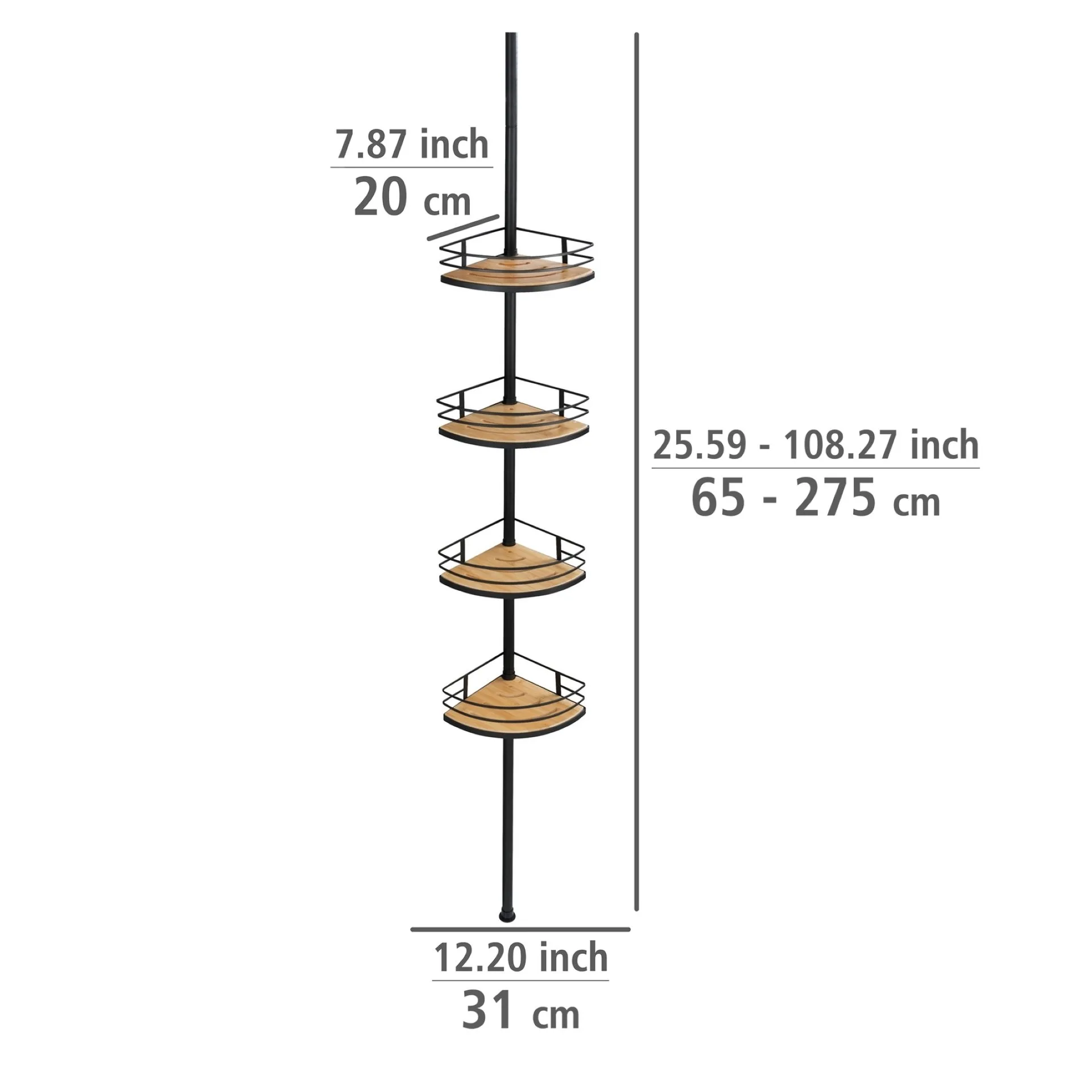 WENKO DOLCEDO Dusch Eckablage, Schwarz/Braun, 4 Etagen, Edelstahl rostfrei/Bambus, zum Einklemmen