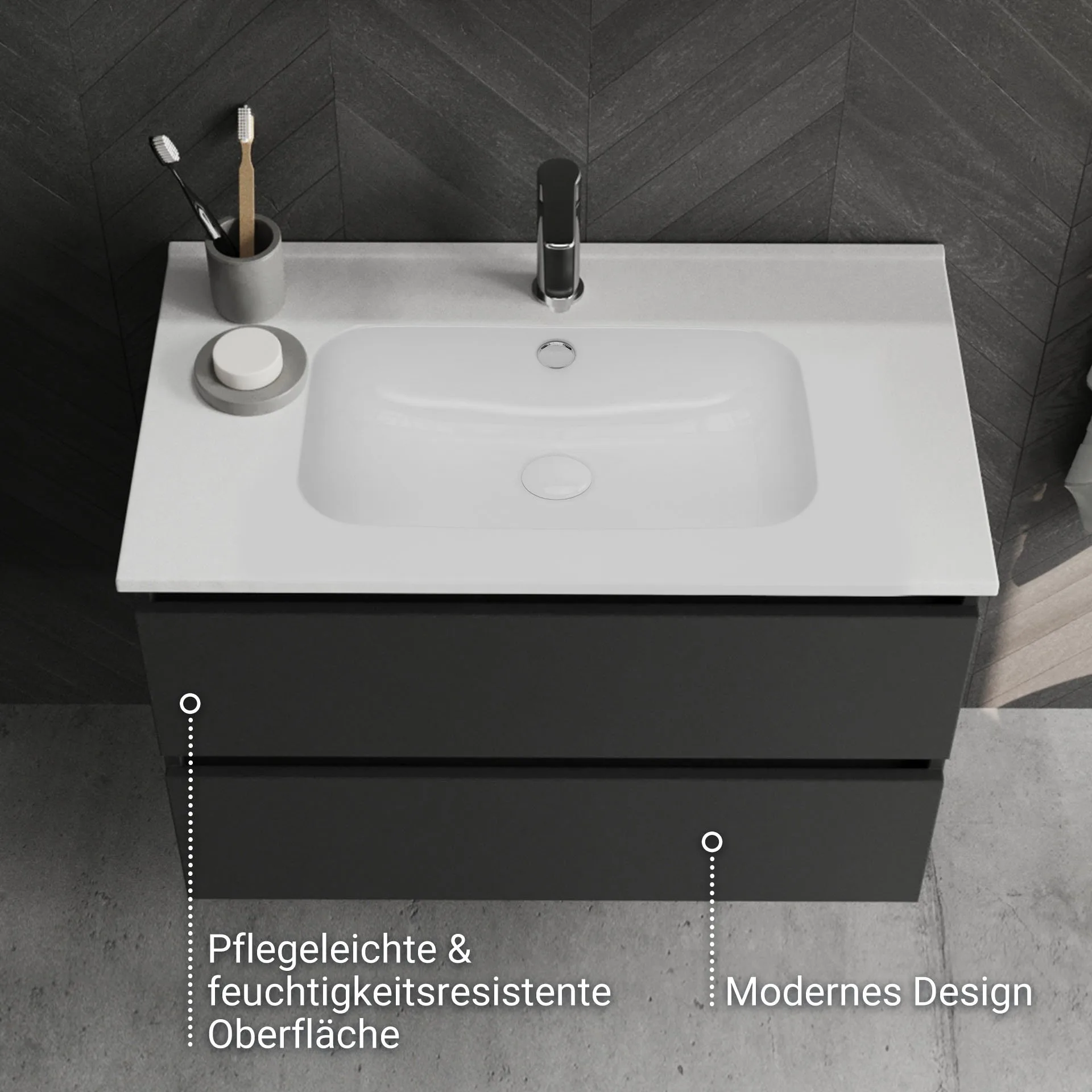 BADEDU GERS Waschbecken mit Unterschrank 80 cm breit, Grau, Waschbecken Keramik Weiß