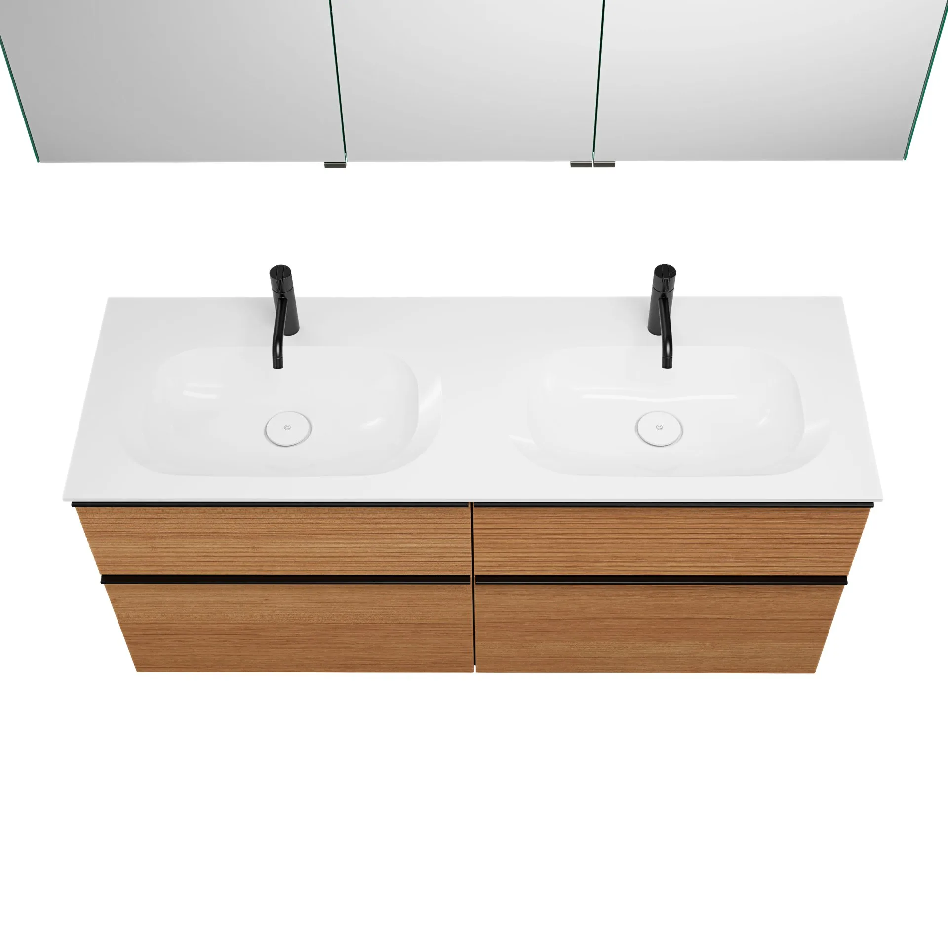 Burgbad FIUMO Waschtisch Set mit Spiegelschrank 142 cm breit, Braun, Doppelwaschbecken Gussmarmor Weiß, 4 Schubladen, Anschlag links