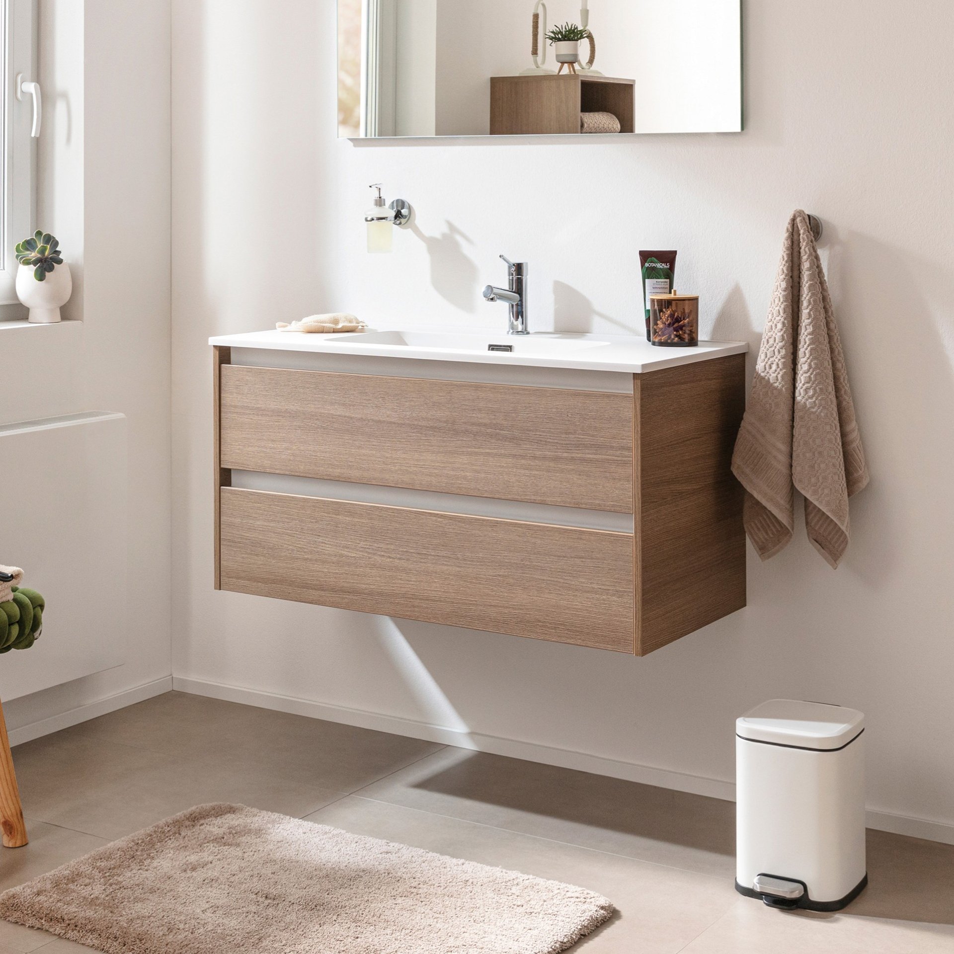 FACKELMANN VITA Waschbecken mit Unterschrank 101 cm breit, Braun hell, Waschbecken Gussmarmor Weiß matt