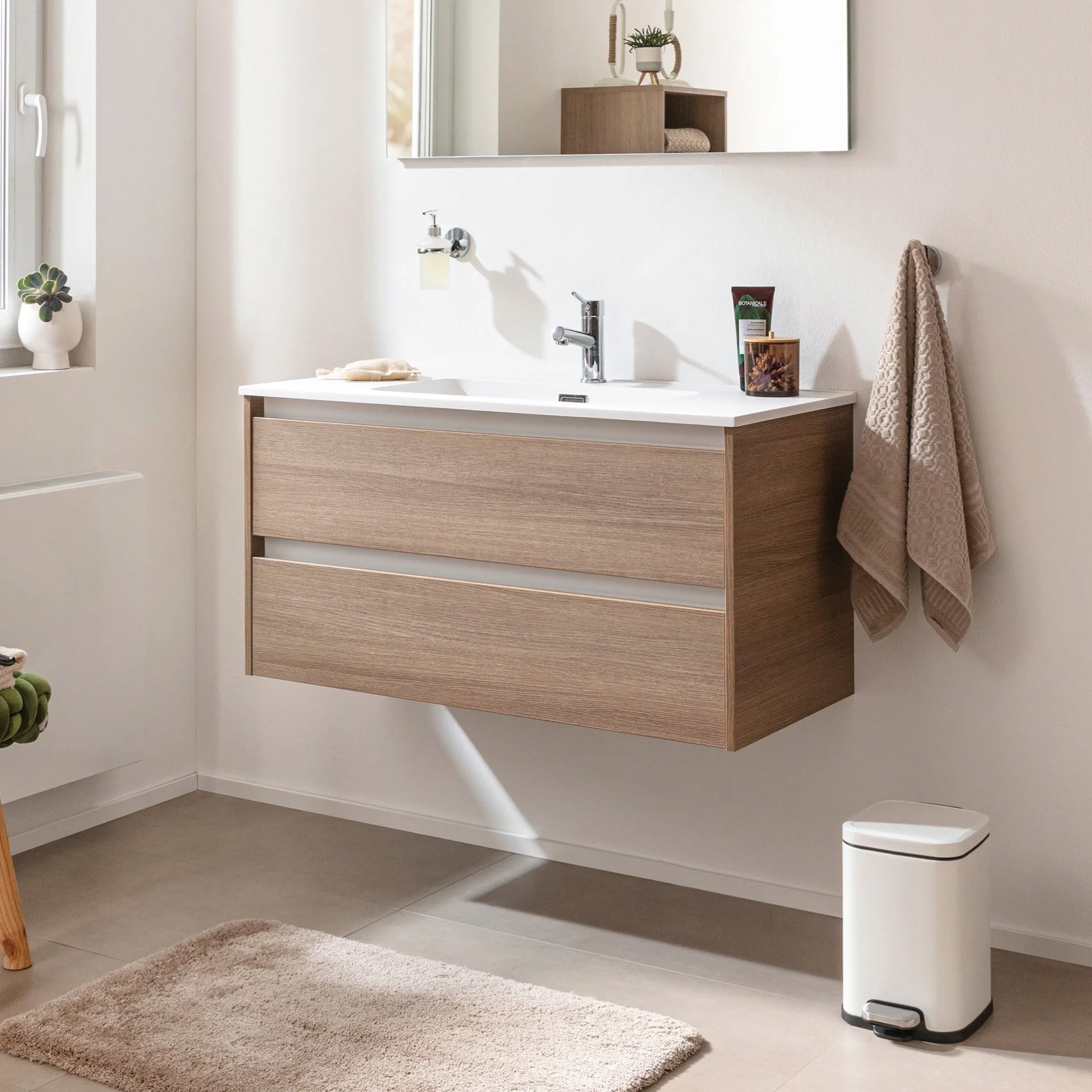 FACKELMANN VITA Waschbecken mit Unterschrank 101 cm breit, Braun hell, Waschbecken Gussmarmor Weiß matt