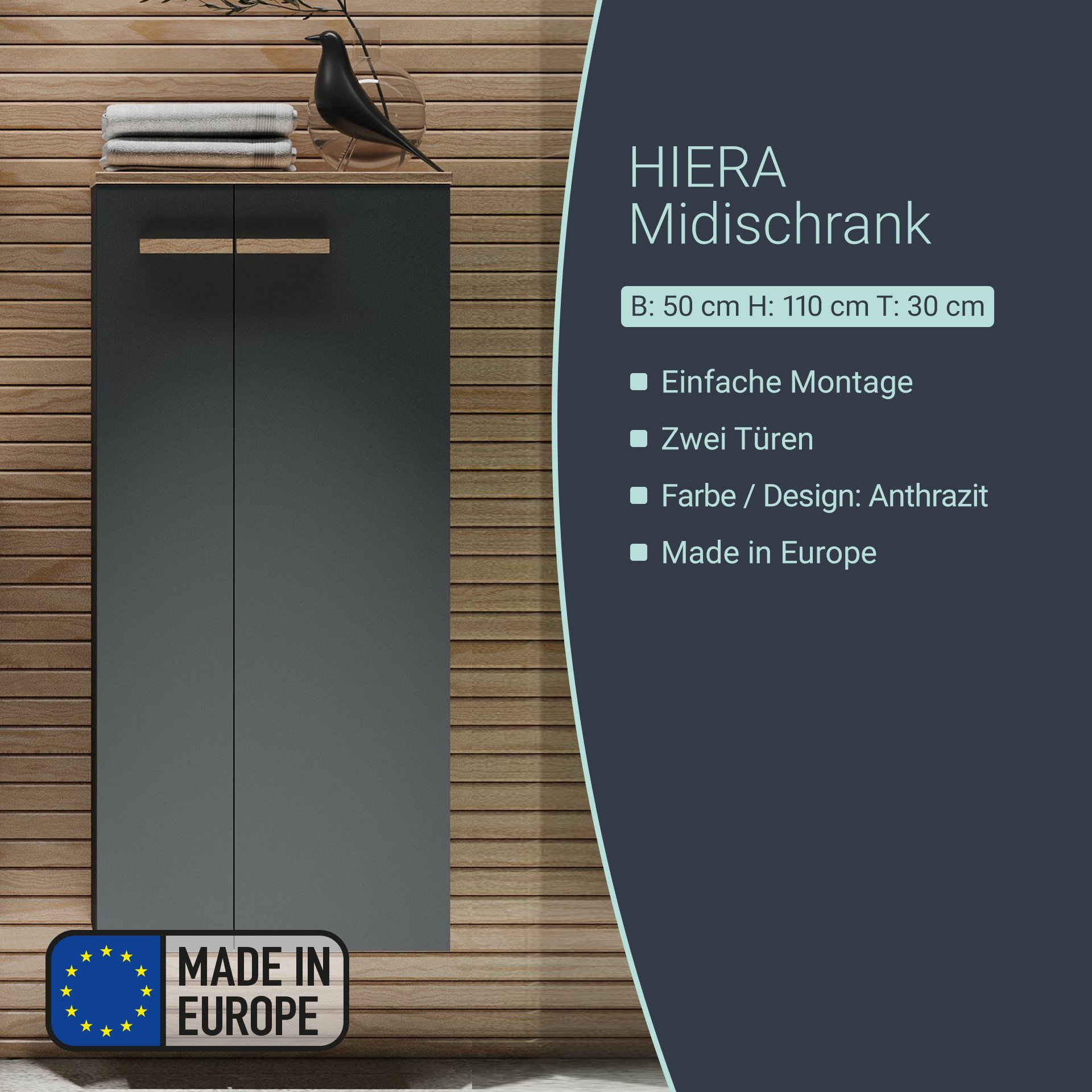 BADEDU HIERA Midischrank 50 cm breit, Anthrazit