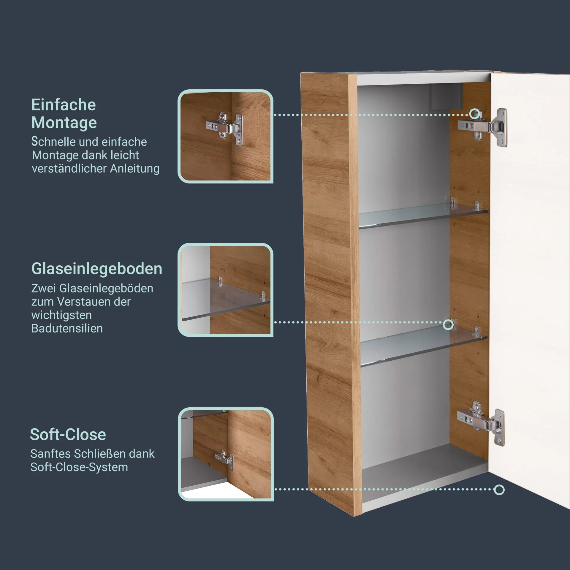 FACKELMANN MILANO Badmöbel Set 4-teilig 88 cm breit, Braun hell, Waschbecken Keramik Weiß + LED Spiegelschrank + Hängeschrank