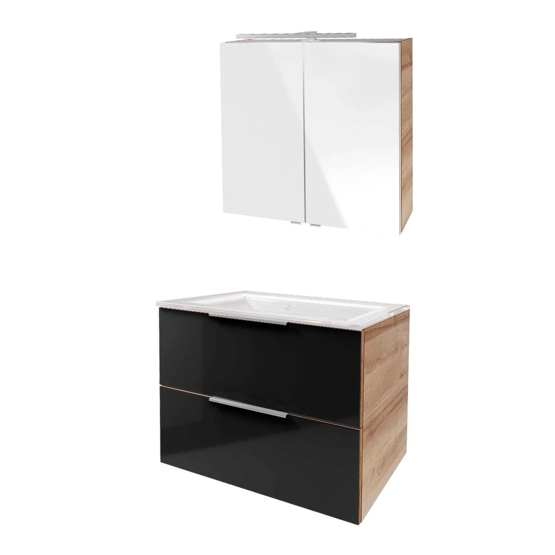FACKELMANN B.BRILLLANT Waschtisch Set mit Spiegelschrank 80 cm breit, Anthrazit Glas/Braun hell, Waschbecken Glas Weiß