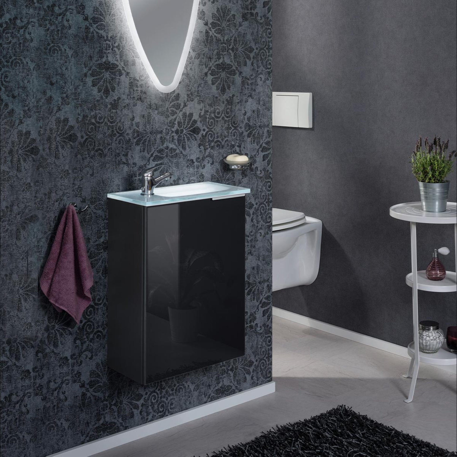 FACKELMANN SBC KARA Gäste WC Waschtisch Set 45 cm breit, Anthrazit, Waschbecken Glas Weiß, Türanschlag links + Waschbeckenbeleuchtung