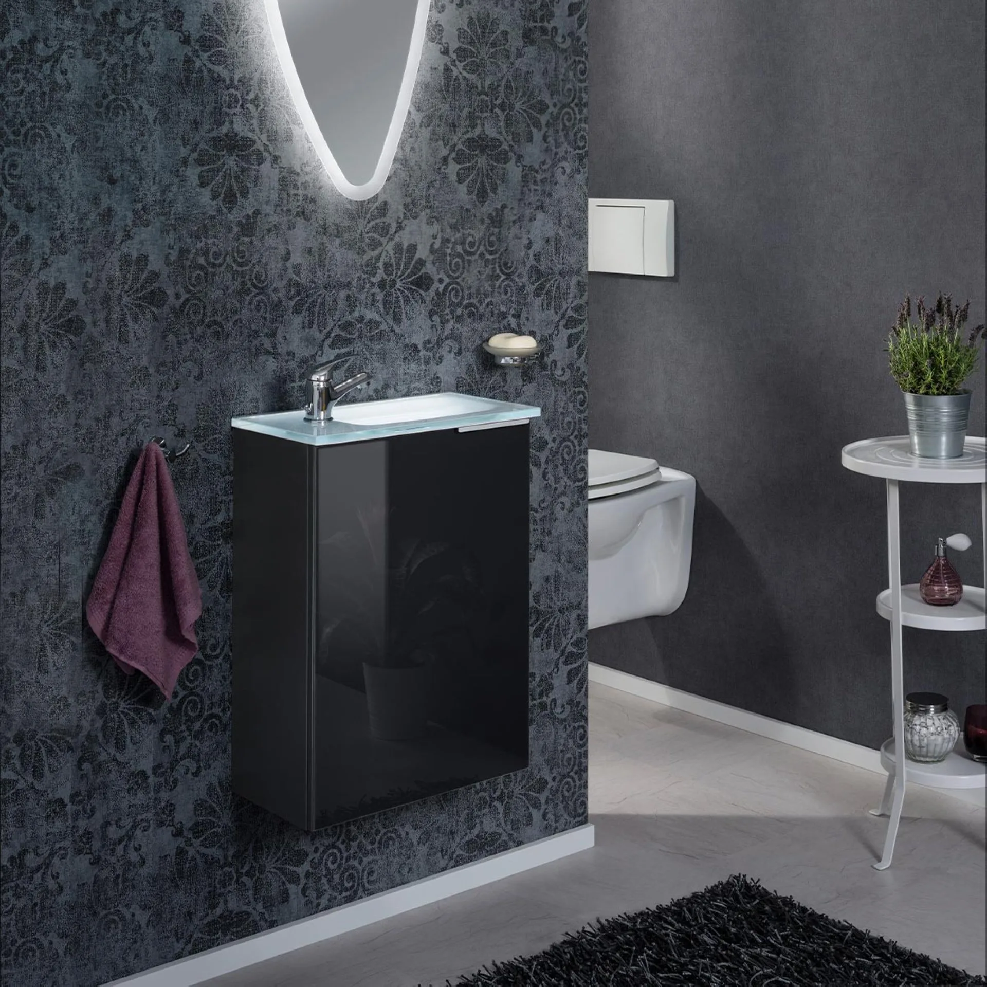 FACKELMANN SBC KARA Gäste WC Waschtisch Set 45 cm breit, Anthrazit, Waschbecken Glas Weiß, Türanschlag links + Waschbeckenbeleuchtung