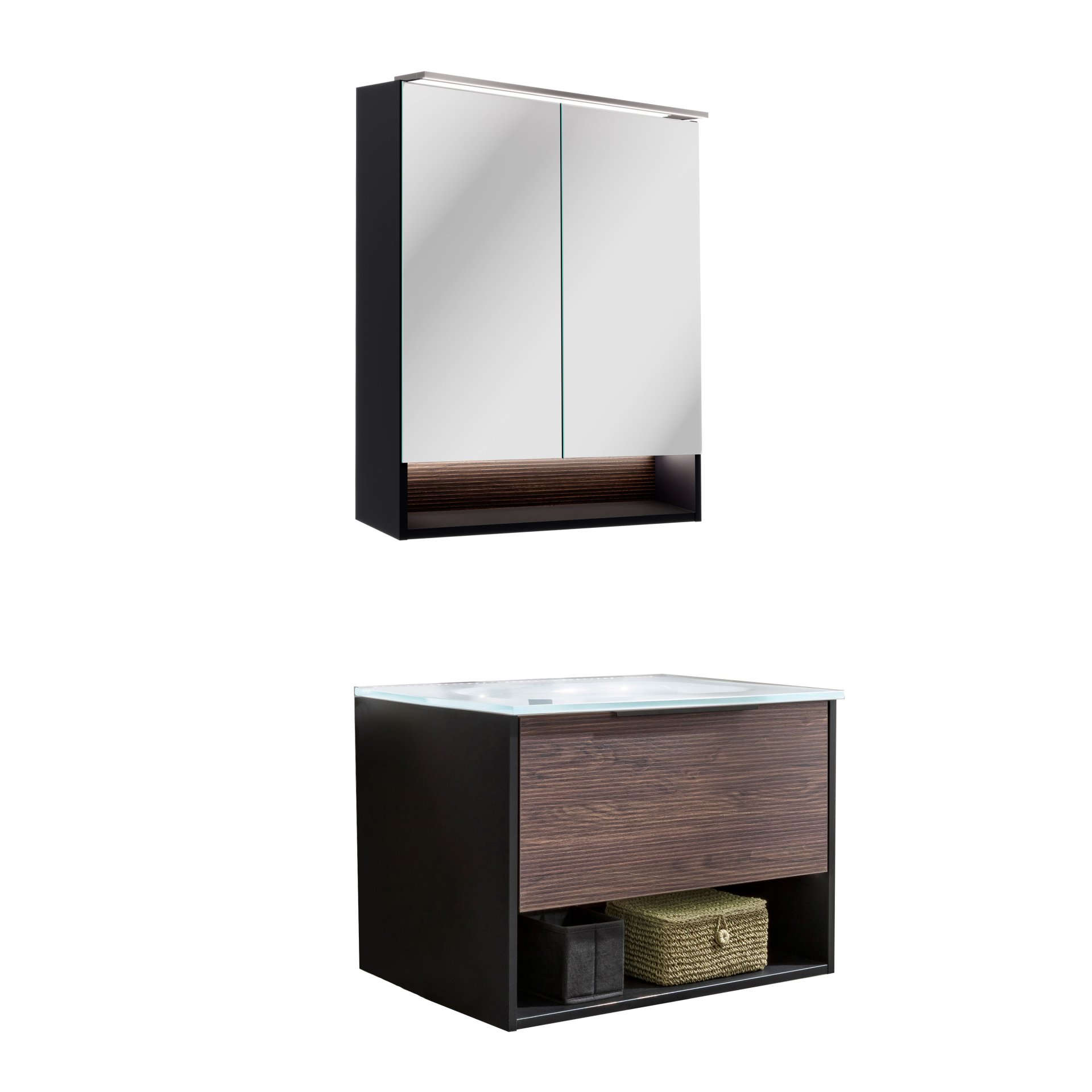 FACKELMANN B.PARIS Waschtisch Set mit Spiegelschrank 70 cm breit, Braun dunkel/Schwarz, Waschbecken Glas Weiß