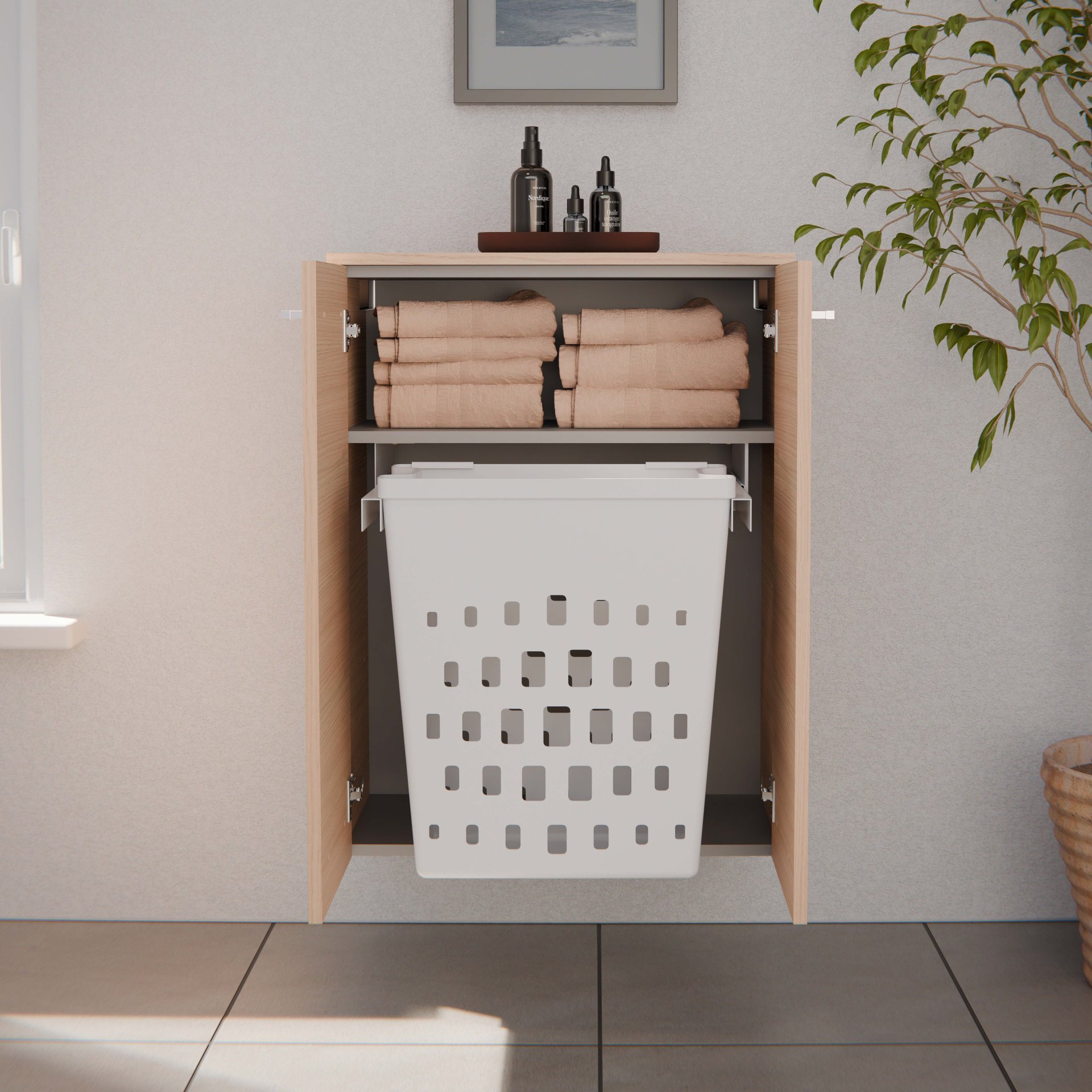 FACKELMANN B.STYLE Doppel Midischrank 60 cm, Braun mit Wäschekorb