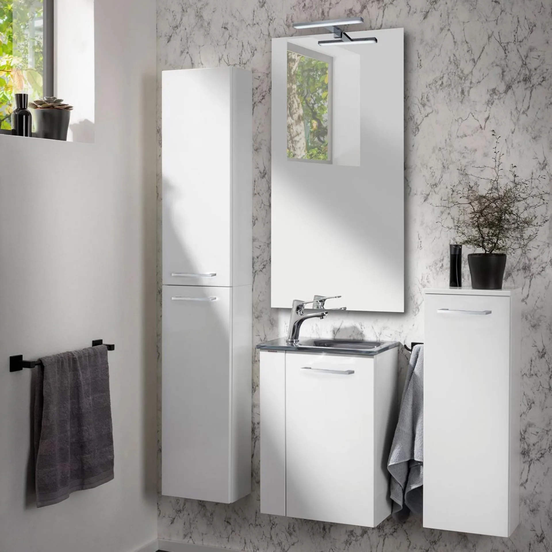 FACKELMANN SBC SCENO Waschbeckenunterschrank Gäste WC 45 cm breit, Weiß, Türanschlag rechts