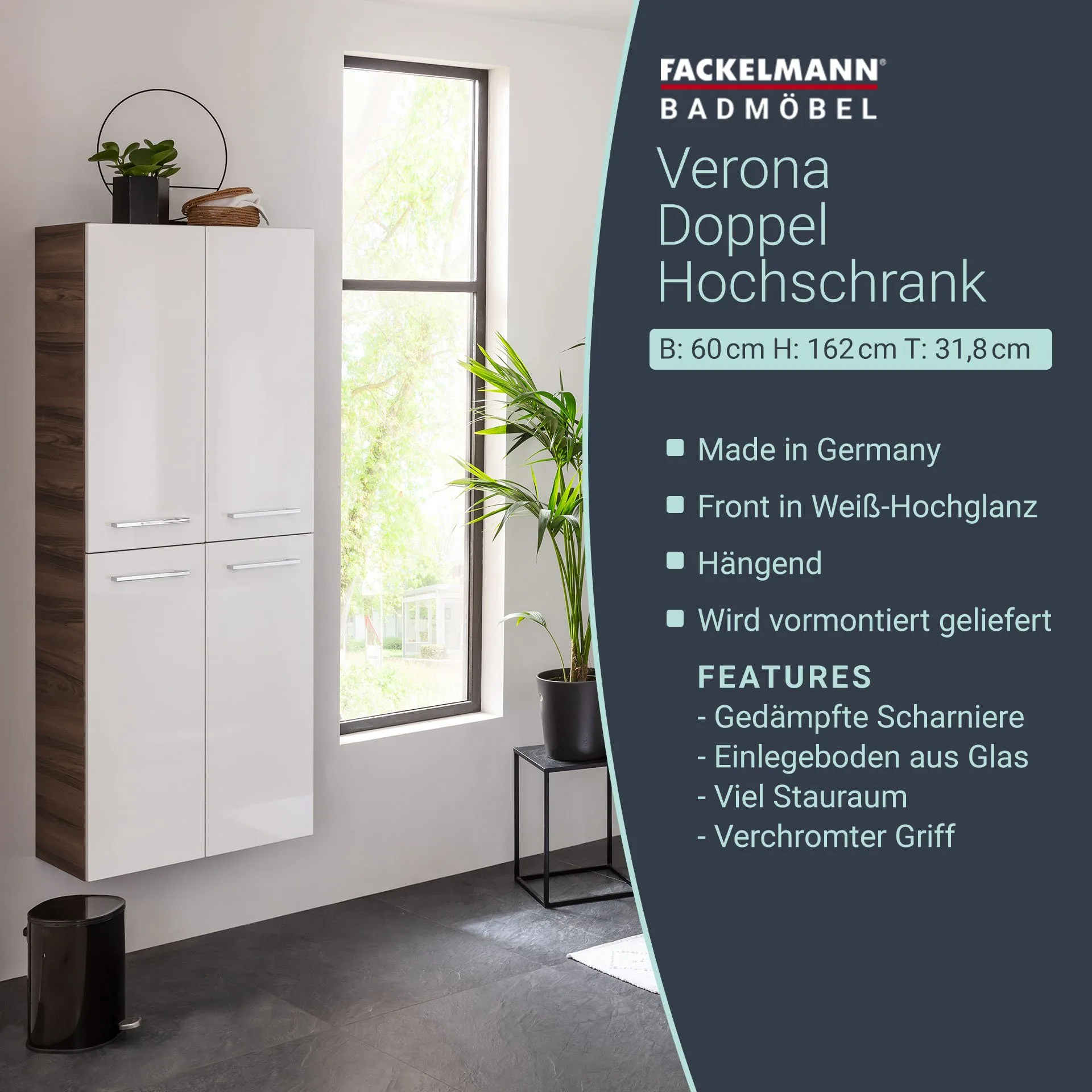 FACKELMANN VERONA Doppel Hochschrank 60 cm breit, Weiß Hochglanz/Braun Dunkel, mit Schublade