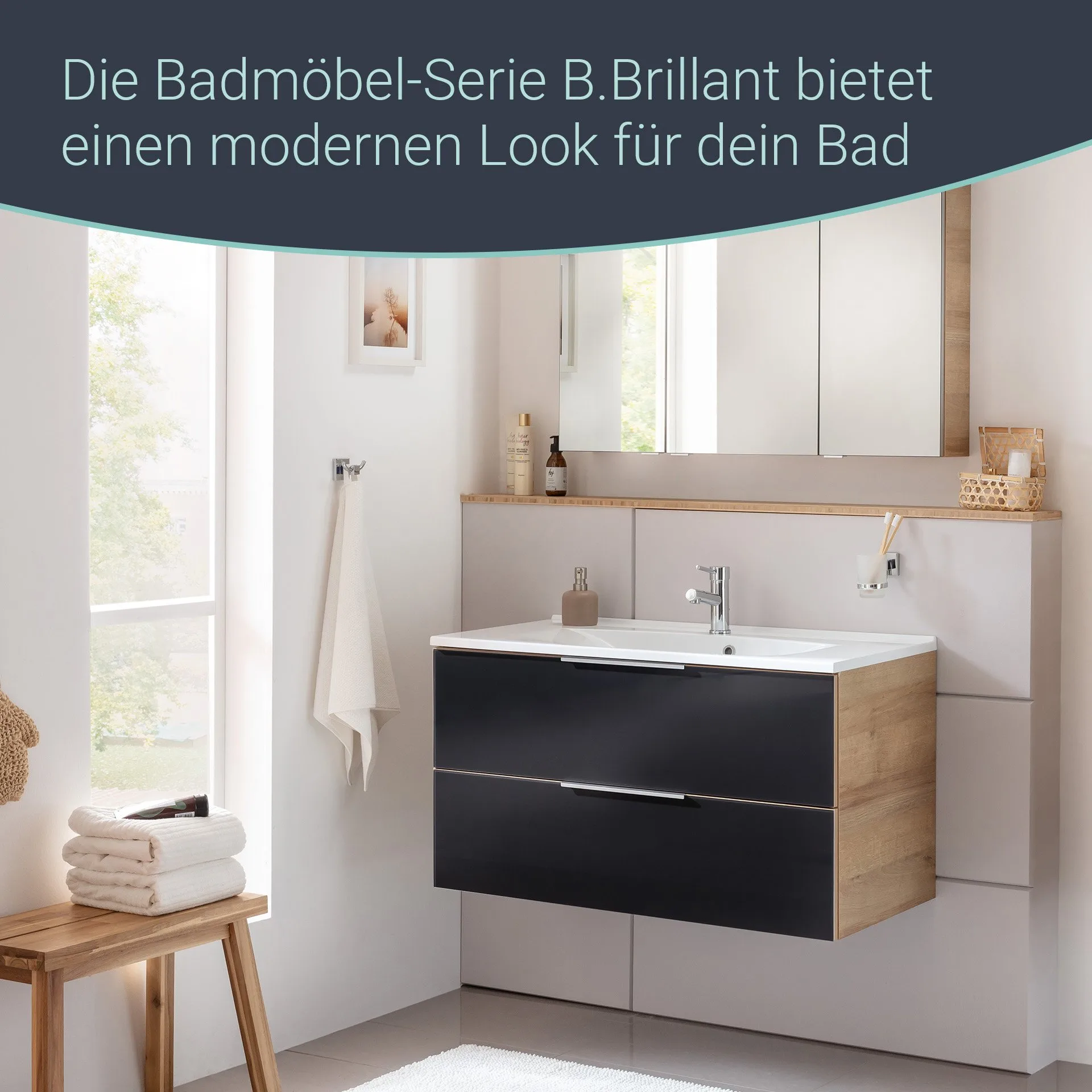 FACKELMANN B.BRILLANT Waschbecken mit Unterschrank 100 cm breit, Anthrazit Glas/Braun hell, Waschbecken Gussmarmor Weiß