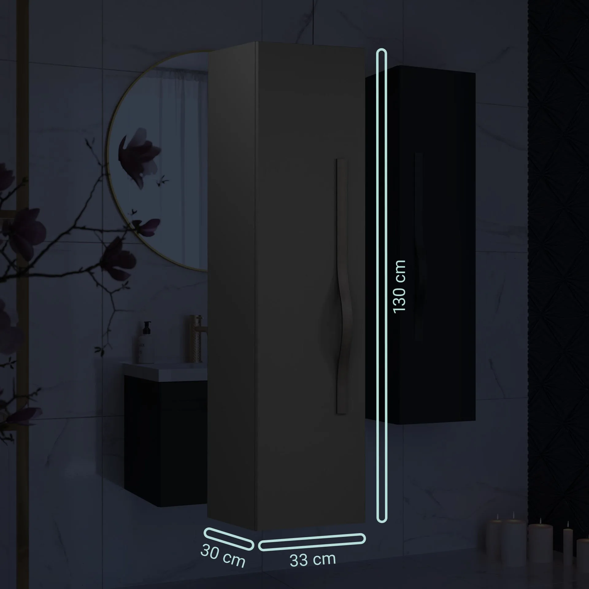 BADEDU FILS Hochschrank 33 cm breit, Schwarz, Griff Schwarz