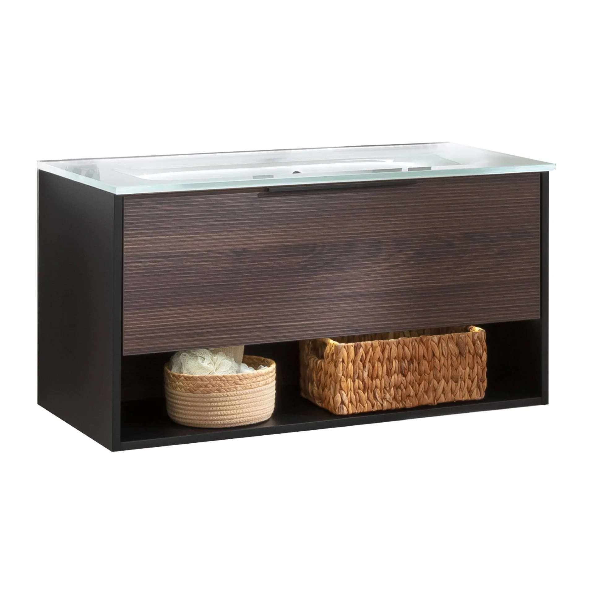 FACKELMANN B.PARIS Waschbecken mit Unterschrank 90 cm breit, Braun Dunkel/Schwarz, Waschbecken Glas Weiß