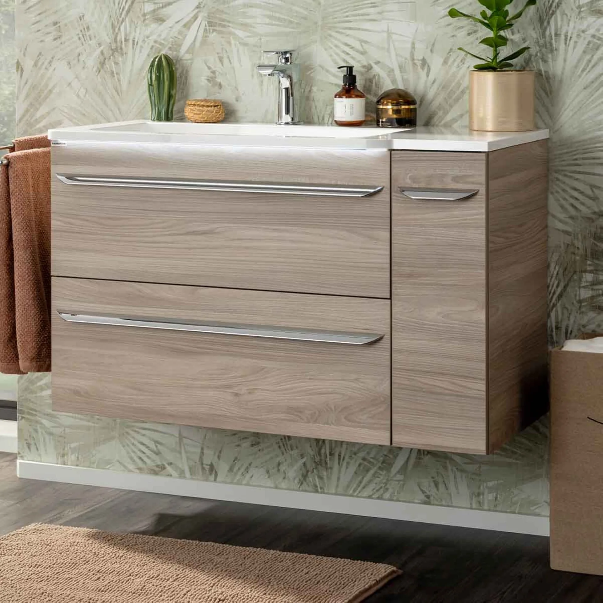 FACKELMANN LUXOR Waschbecken mit Unterschrank 100 cm breit, Braun hell, Waschbecken Gussmarmor Weiß + Unterschrank Türanschlag rechts