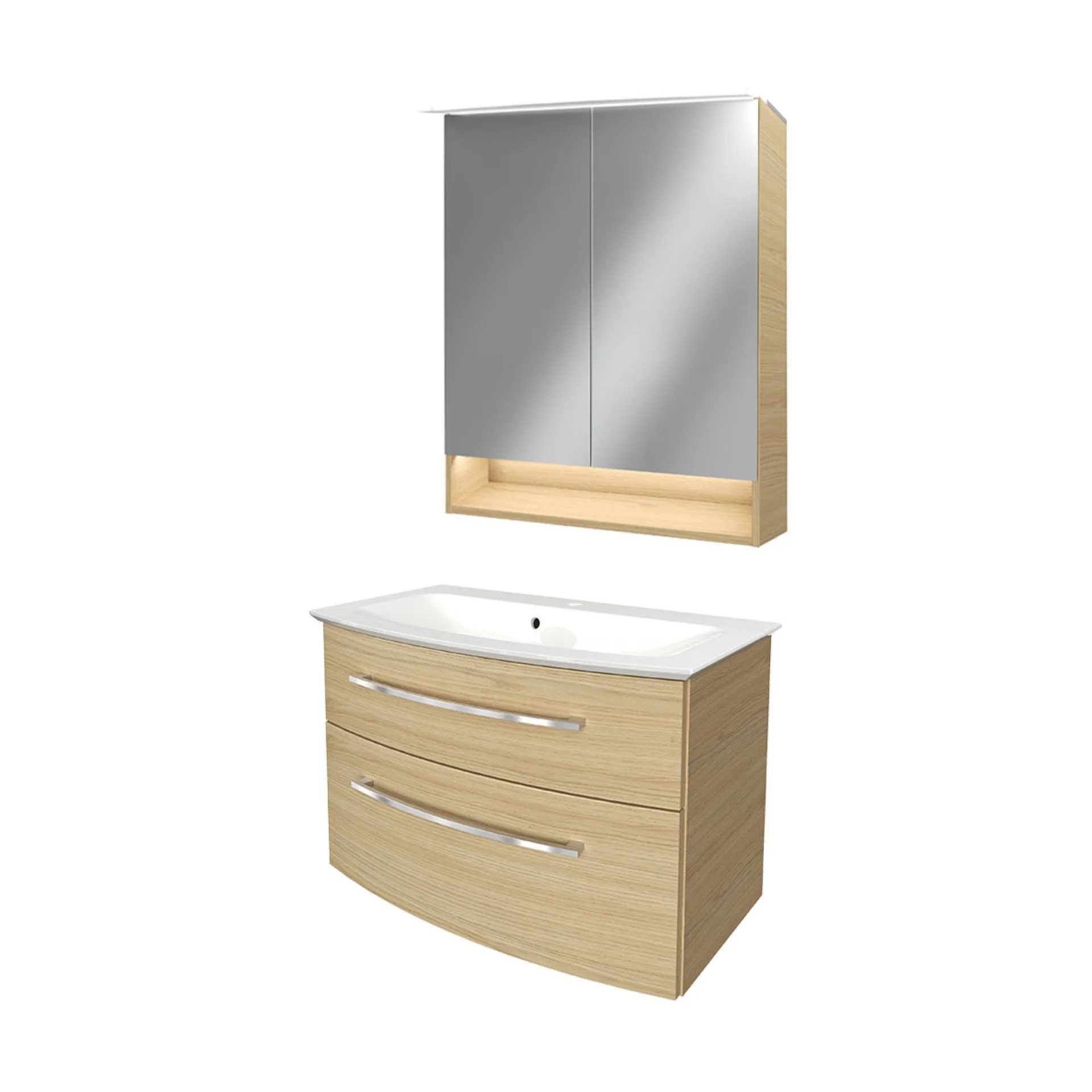 FACKELMANN B.STYLE Waschtisch Set mit Spiegelschrank 80 cm breit, Braun, Waschbecken Gussmarmor Weiß