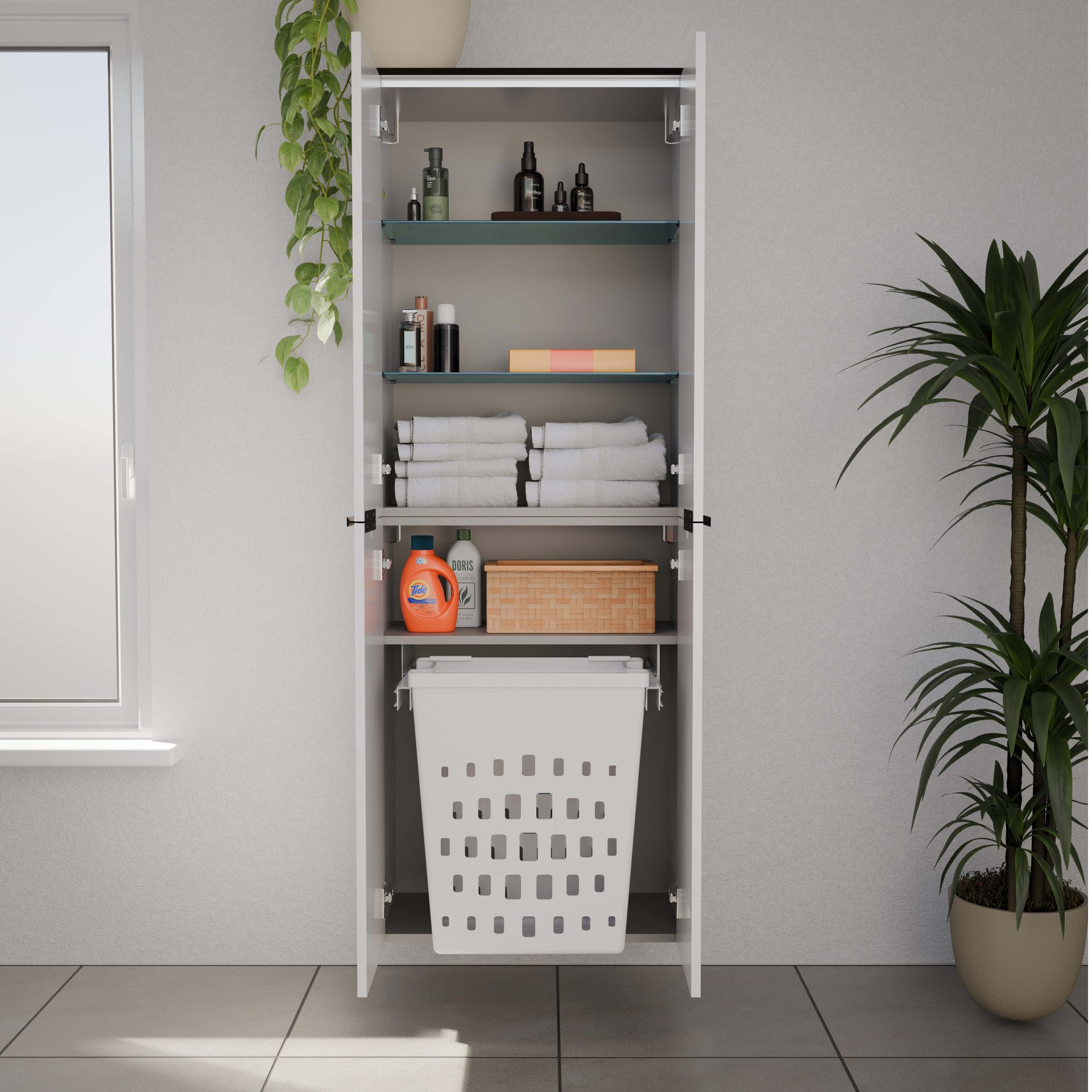 FACKELMANN FLAIR Doppel Hochschrank 63 cm breit, Weiß/Anthrazit mit Wäschekorb